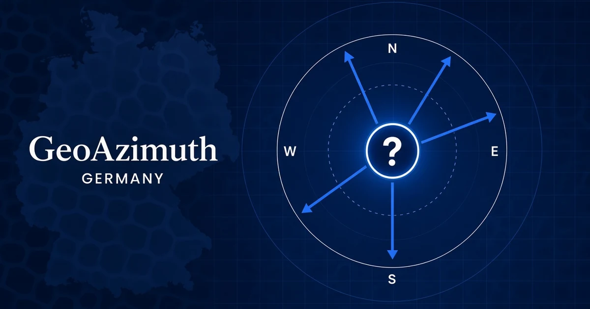 A compass dial with a question mark at its centre and blue arrows pointing out to known cities, labelled GeoAzimuth Germany