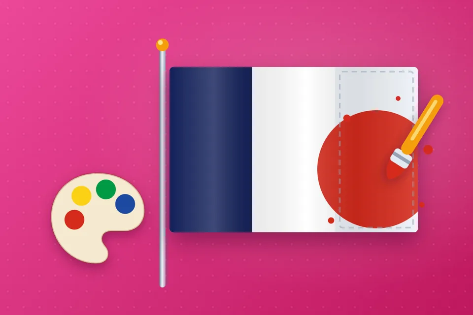 Male die Flagge - eine Malerpalette neben einer Flagge, die Streifen für Streifen ausgemalt wird