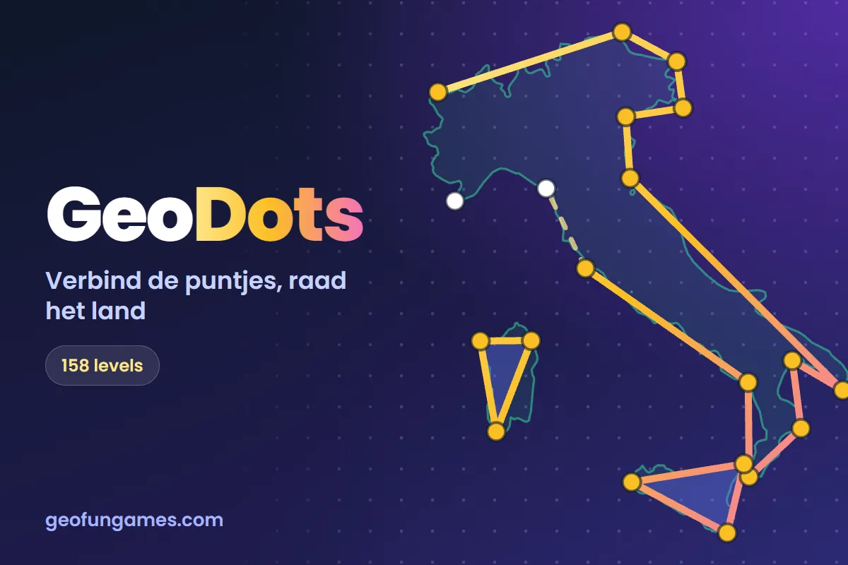 GeoDots op GeoFunGames: puntjes op de grens van een land verbonden tot de omtrek