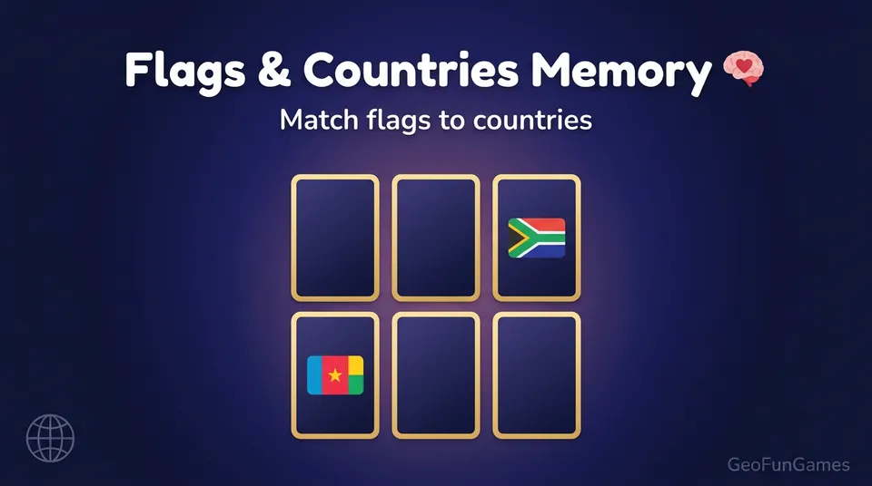 Flags and Countries Memory: illustration of flag matching cards for this geography game.