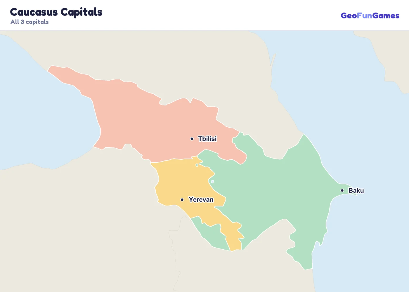 Caucasus Capitals on a map: Armenia (Yerevan), Azerbaijan (Baku), Georgia (Tbilisi)