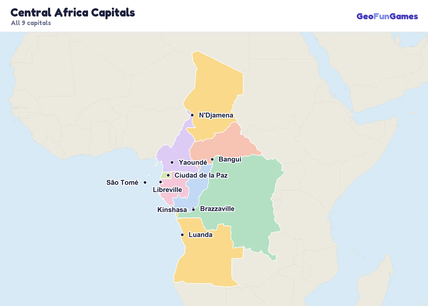 Central Africa Capitals on a map: Angola (Luanda), Cameroon (Yaoundé), Central African Republic (Bangui), Chad (N'Djamena), Republic of the Congo (Brazzaville), Democratic Republic of the Congo (Kinshasa), Equatorial Guinea (Malabo), Gabon (Libreville), São Tomé and Príncipe (São Tomé)