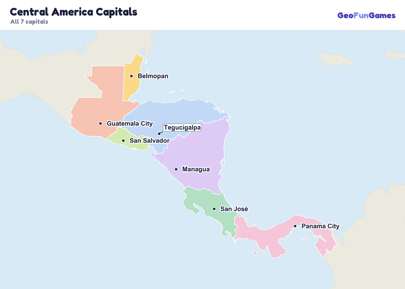 Central America Capitals on a map: Guatemala (Guatemala City), Belize (Belmopan), Costa Rica (San José), El Salvador (San Salvador), Honduras (Tegucigalpa), Nicaragua (Managua), Panama (Panama City)
