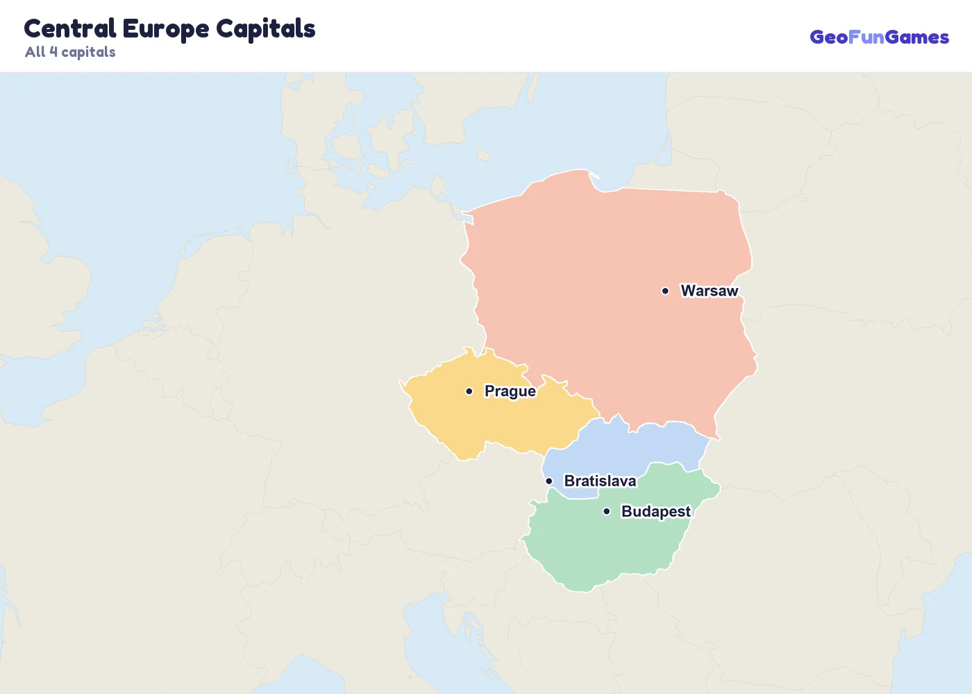 Central Europe Capitals on a map: Czechia (Prague), Hungary (Budapest), Poland (Warsaw), Slovakia (Bratislava)