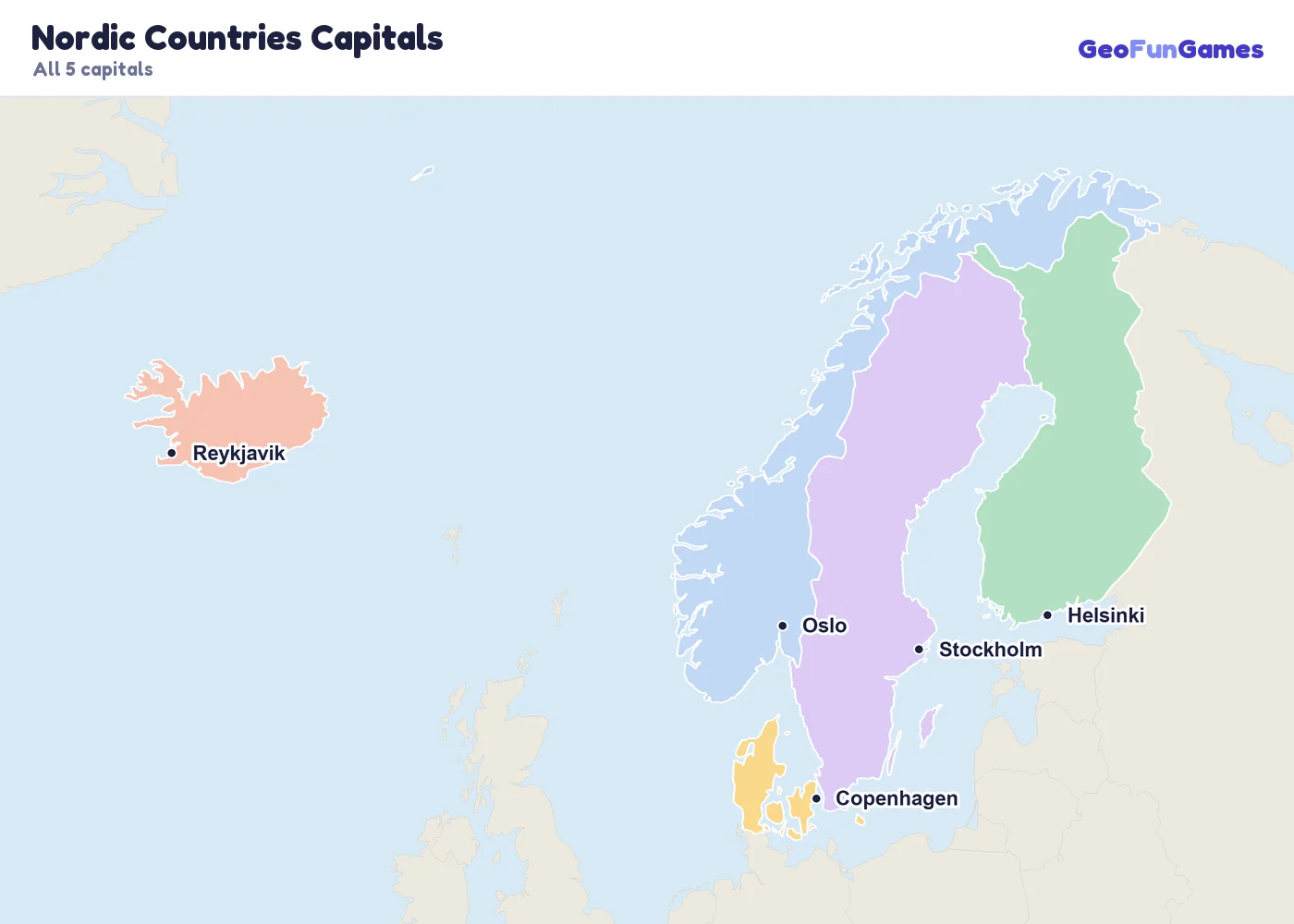 Nordic Countries Capitals on a map: Denmark (Copenhagen), Finland (Helsinki), Iceland (Reykjavik), Norway (Oslo), Sweden (Stockholm)