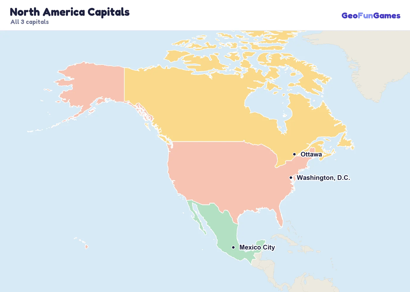 North America Capitals on a map: Canada (Ottawa), Mexico (Mexico City), United States (Washington, D.C.)