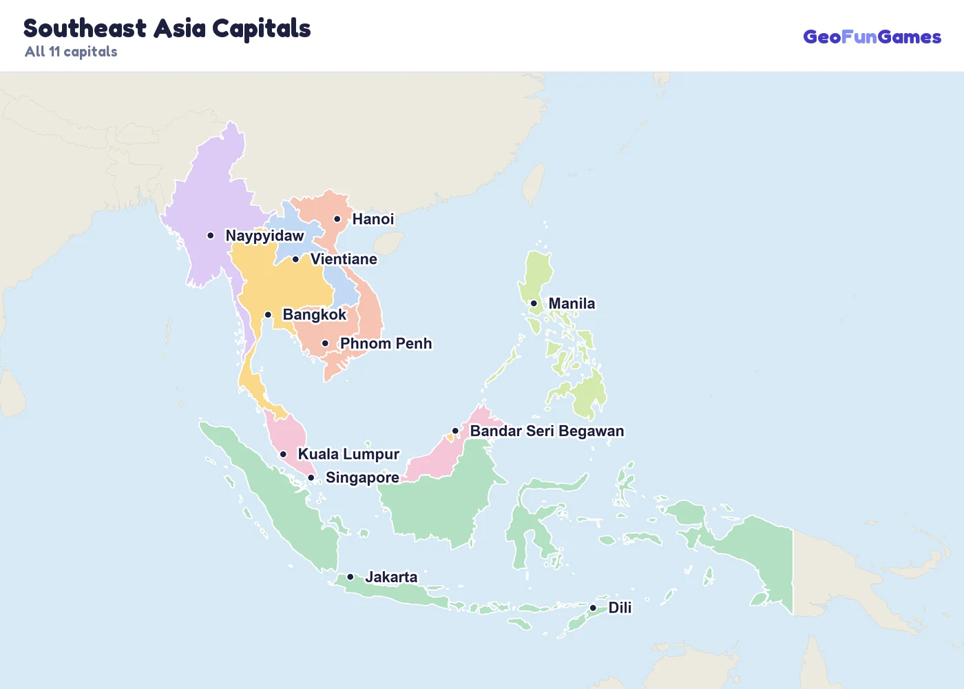 Southeast Asia Capitals on a map: Brunei (Bandar Seri Begawan), Cambodia (Phnom Penh), Indonesia (Jakarta), Laos (Vientiane), Malaysia (Kuala Lumpur), Myanmar (Naypyidaw), Philippines (Manila), Singapore (Singapore), Thailand (Bangkok), Timor-Leste (Dili), Vietnam (Hanoi)