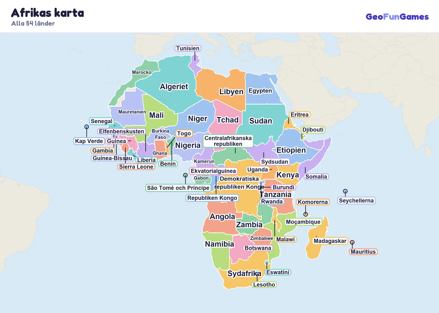 Afrikas karta med ländernas namn: Algeriet, Angola, Benin, Botswana, Burkina Faso, Burundi, Centralafrikanska republiken, Demokratiska republiken Kongo, Djibouti, Egypten, Ekvatorialguinea, Elfenbenskusten, Eritrea, Eswatini, Etiopien, Gabon, Gambia, Ghana, Guinea, Guinea-Bissau, Kamerun, Kap Verde, Kenya, Komorerna, Lesotho, Liberia, Libyen, Madagaskar, Malawi, Mali, Marocko, Mauretanien, Mauritius, Moçambique, Namibia, Niger, Nigeria, Republiken Kongo, Rwanda, Senegal, Seychellerna, Sierra Leone, Somalia, Sudan, Sydafrika, Sydsudan, São Tomé och Príncipe, Tanzania, Tchad, Togo, Tunisien, Uganda, Zambia, Zimbabwe