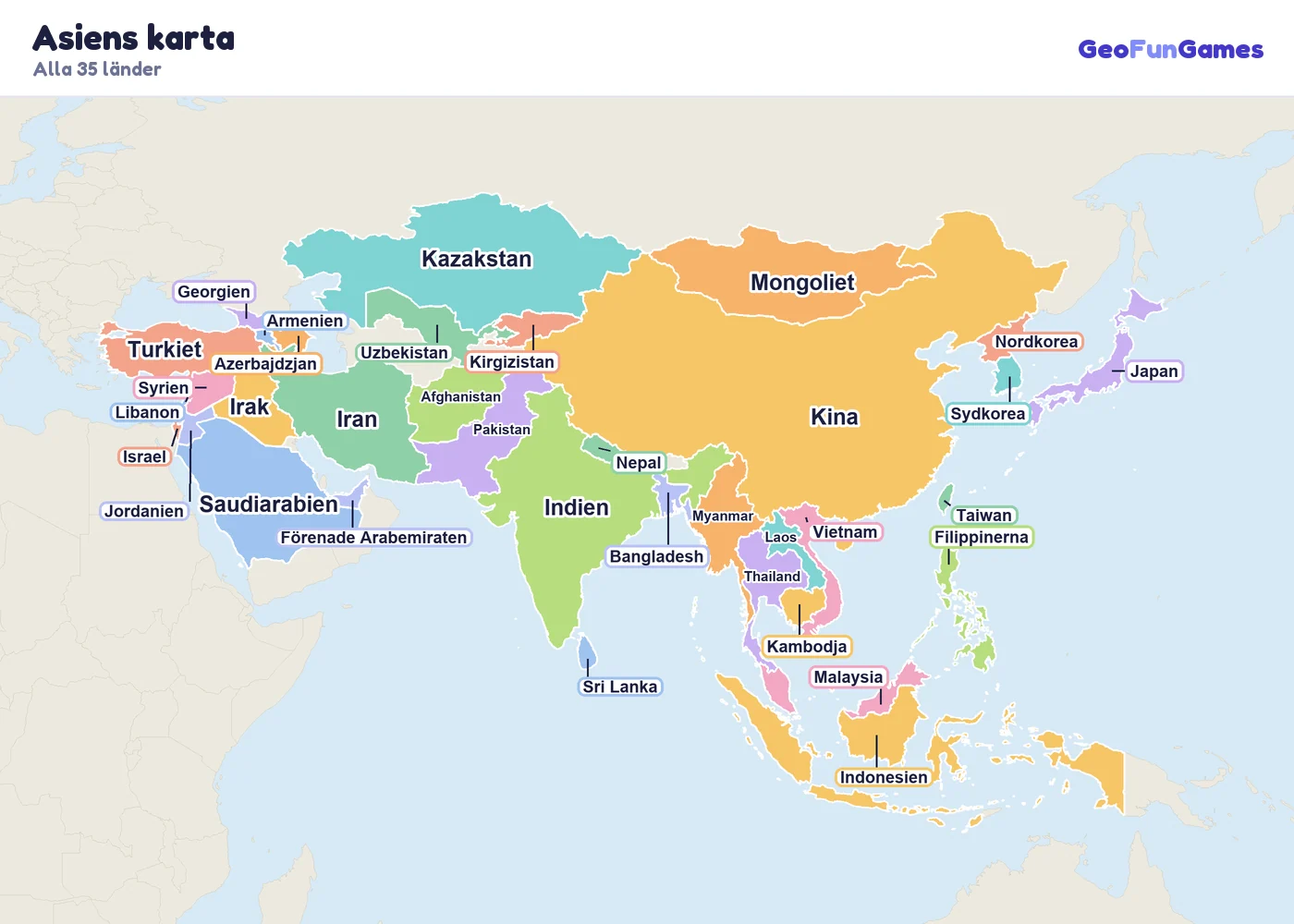 Asiens karta med ländernas namn: Kina, Indien, Japan, Sydkorea, Nordkorea, Mongoliet, Indonesien, Pakistan, Bangladesh, Nepal, Sri Lanka, Afghanistan, Kazakstan, Uzbekistan, Saudiarabien, Iran, Irak, Turkiet, Syrien, Jordanien, Israel, Libanon, Thailand, Vietnam, Filippinerna, Malaysia, Myanmar, Kambodja, Laos, Taiwan, Georgien, Armenien, Azerbajdzjan, Förenade Arabemiraten, Kirgizistan