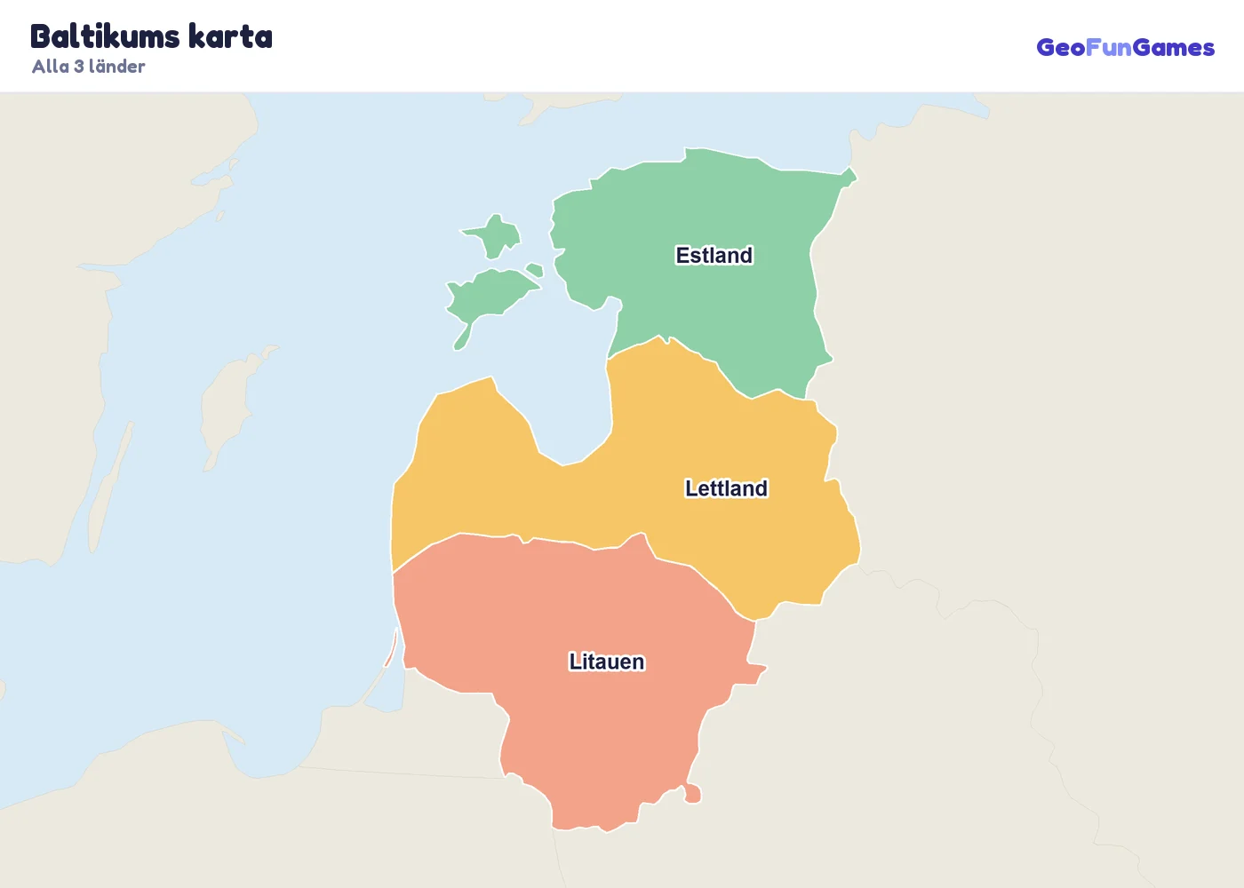 Baltikums karta med ländernas namn: Estland, Lettland, Litauen
