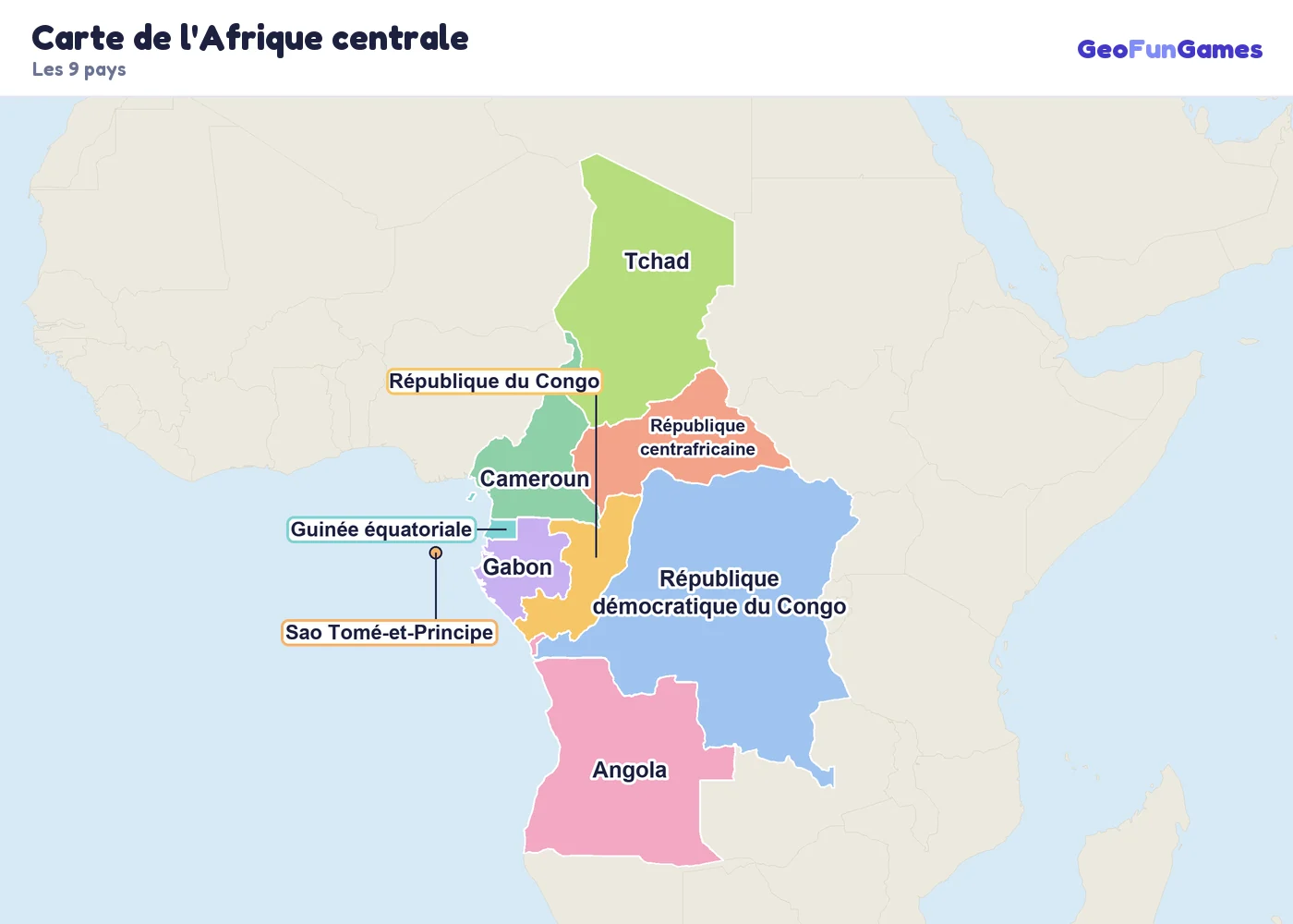Carte de l'Afrique centrale avec le nom des pays: Cameroun, République centrafricaine, Tchad, République démocratique du Congo, République du Congo, Guinée équatoriale, Gabon, Sao Tomé-et-Principe, Angola