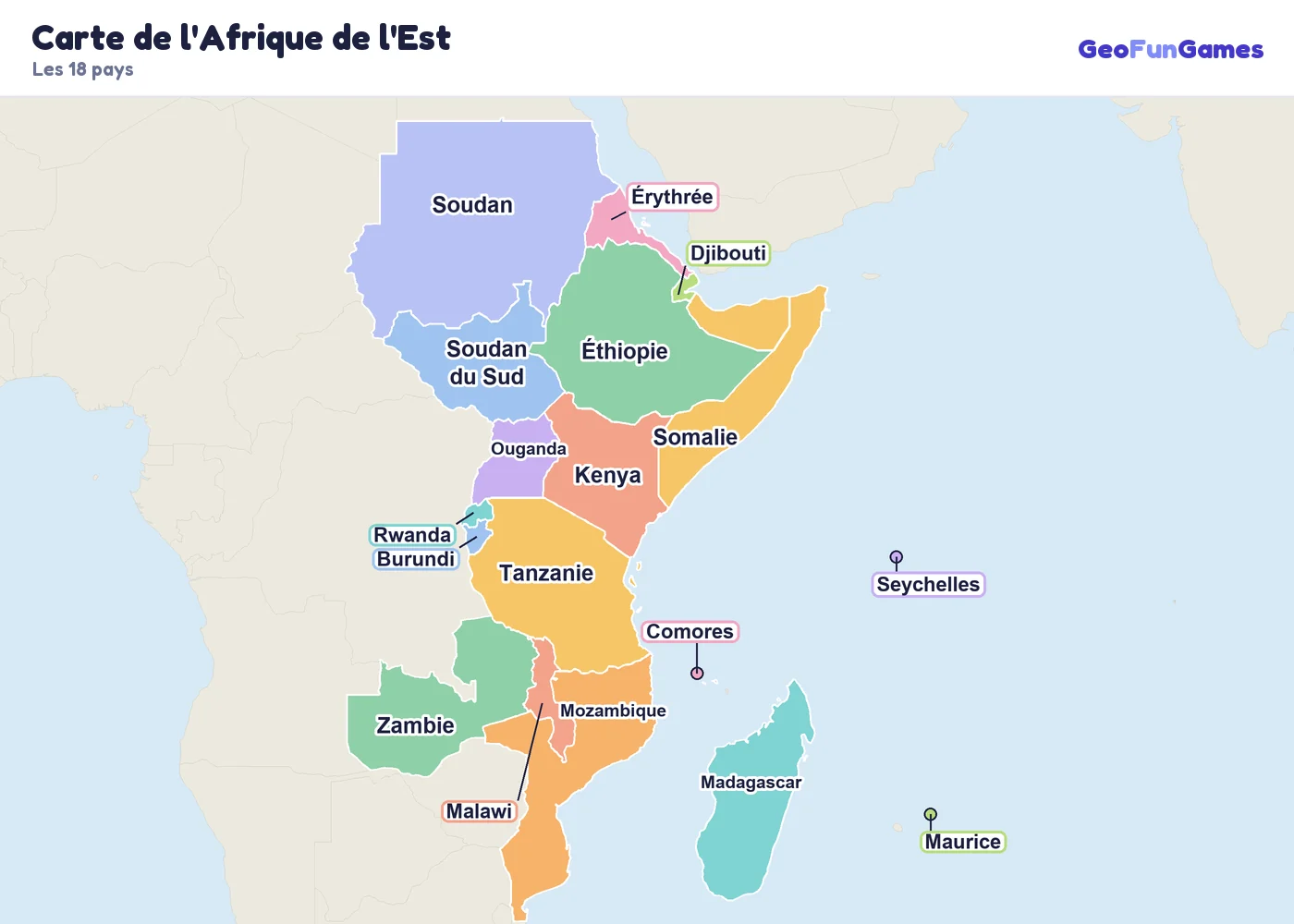 Carte de l'Afrique de l'Est avec le nom des pays: Éthiopie, Kenya, Tanzanie, Ouganda, Somalie, Soudan, Soudan du Sud, Érythrée, Djibouti, Rwanda, Burundi, Malawi, Mozambique, Zambie, Madagascar, Maurice, Seychelles, Comores