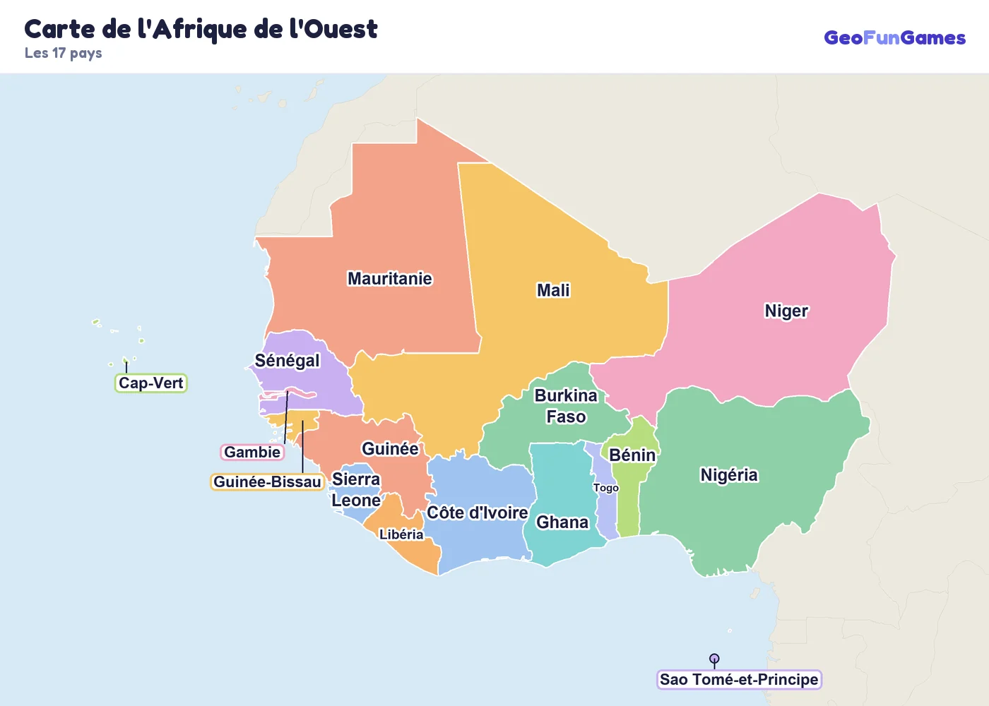 Carte de l'Afrique de l'Ouest avec le nom des pays: Nigéria, Ghana, Sénégal, Mali, Niger, Burkina Faso, Côte d'Ivoire, Guinée, Gambie, Libéria, Sierra Leone, Togo, Bénin, Cap-Vert, Guinée-Bissau, Mauritanie, Sao Tomé-et-Principe