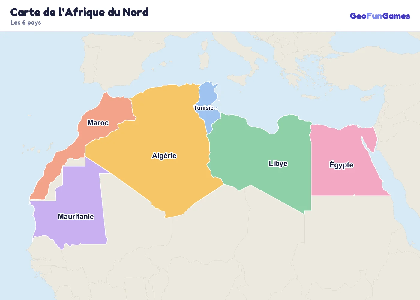 Carte de l'Afrique du Nord avec le nom des pays: Algérie, Égypte, Libye, Maroc, Tunisie, Mauritanie
