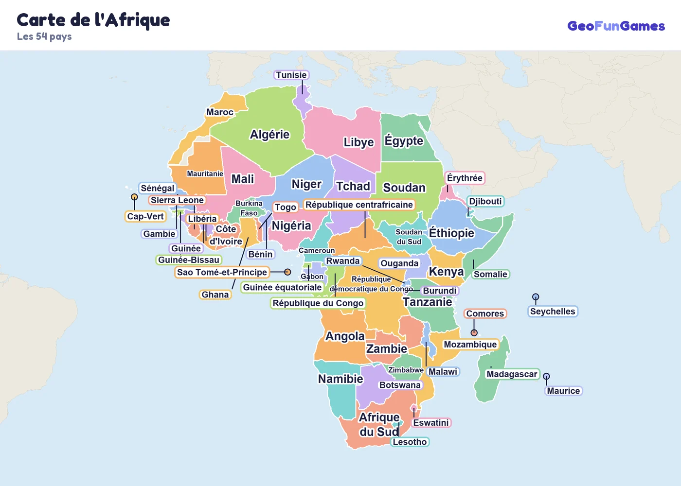 Carte de l'Afrique avec le nom des pays: Algérie, Égypte, Libye, Maroc, Tunisie, Mauritanie, Nigéria, Ghana, Sénégal, Mali, Côte d'Ivoire, Niger, Cameroun, République démocratique du Congo, République du Congo, Angola, Tchad, Gabon, Éthiopie, Kenya, Tanzanie, Soudan, Soudan du Sud, Somalie, Madagascar, Mozambique, Zambie, Afrique du Sud, Namibie, Botswana, Zimbabwe, Eswatini, Lesotho, Érythrée, Ouganda, Rwanda, Malawi, Bénin, Burkina Faso, Burundi, République centrafricaine, Djibouti, Guinée équatoriale, Gambie, Guinée, Guinée-Bissau, Cap-Vert, Comores, Libéria, Maurice, Seychelles, Sierra Leone, Sao Tomé-et-Principe, Togo