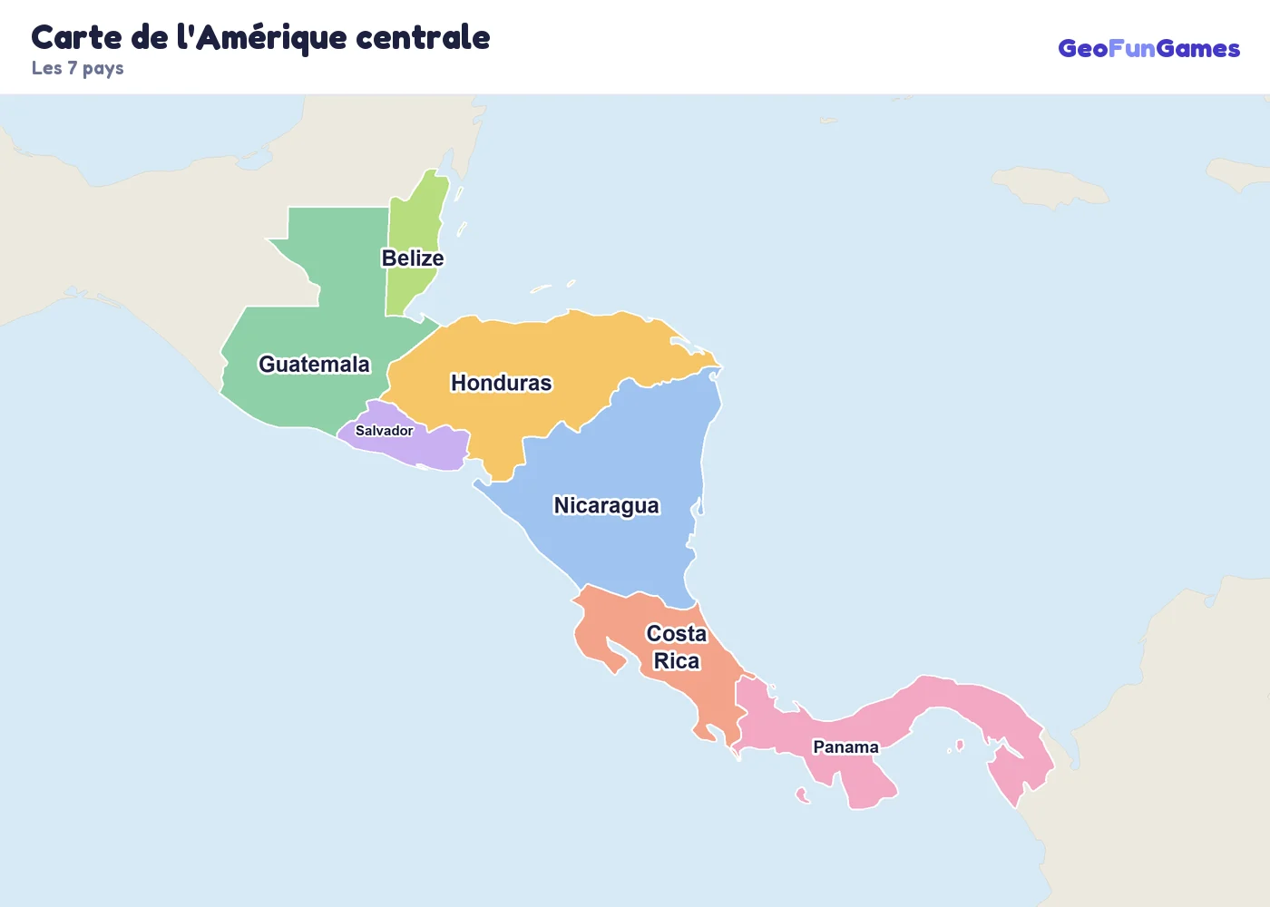 Carte de l'Amérique centrale avec le nom des pays: Belize, Guatemala, Salvador, Honduras, Nicaragua, Costa Rica, Panama