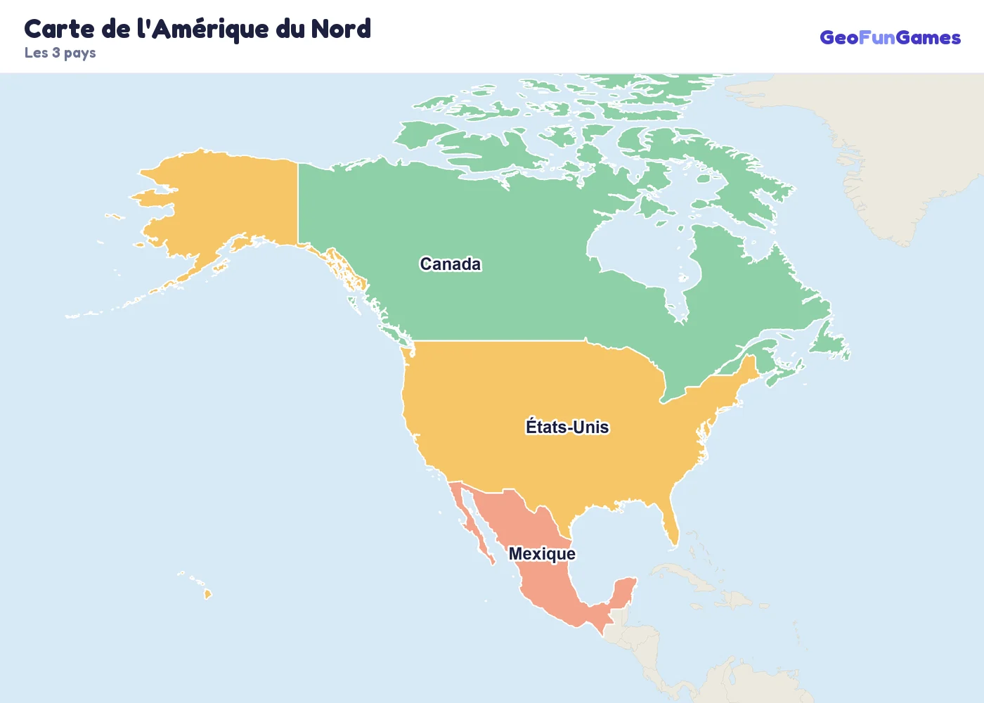Carte de l'Amérique du Nord avec le nom des pays: Canada, États-Unis, Mexique