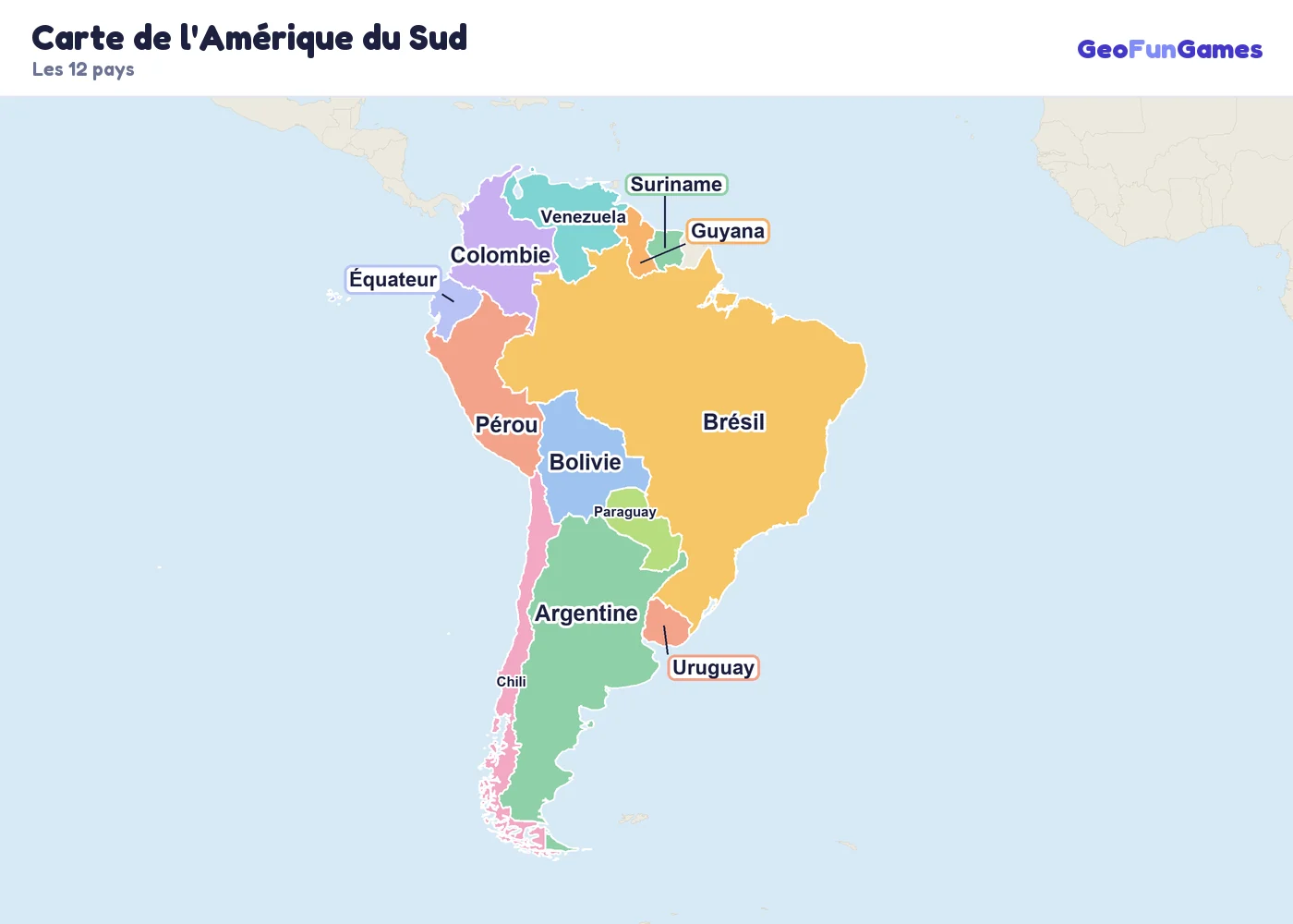 Carte de l'Amérique du Sud avec le nom des pays: Argentine, Bolivie, Brésil, Chili, Colombie, Équateur, Guyana, Paraguay, Pérou, Suriname, Uruguay, Venezuela