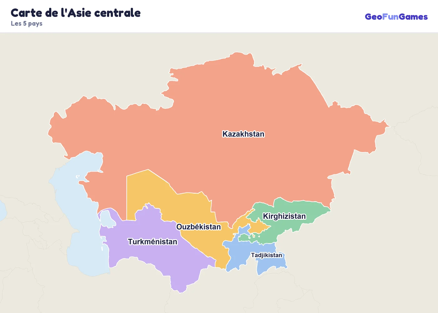 Carte de l'Asie centrale avec le nom des pays: Kazakhstan, Kirghizistan, Tadjikistan, Turkménistan, Ouzbékistan