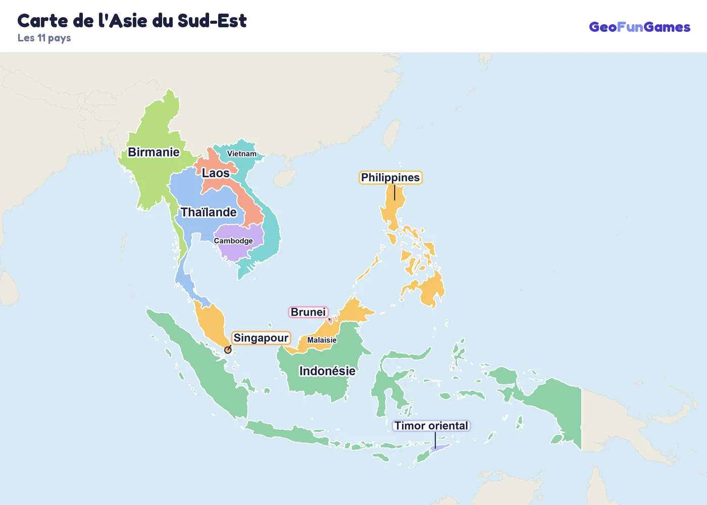 Carte de l'Asie du Sud-Est avec le nom des pays: Birmanie, Thaïlande, Laos, Cambodge, Vietnam, Malaisie, Singapour, Brunei, Indonésie, Philippines, Timor oriental