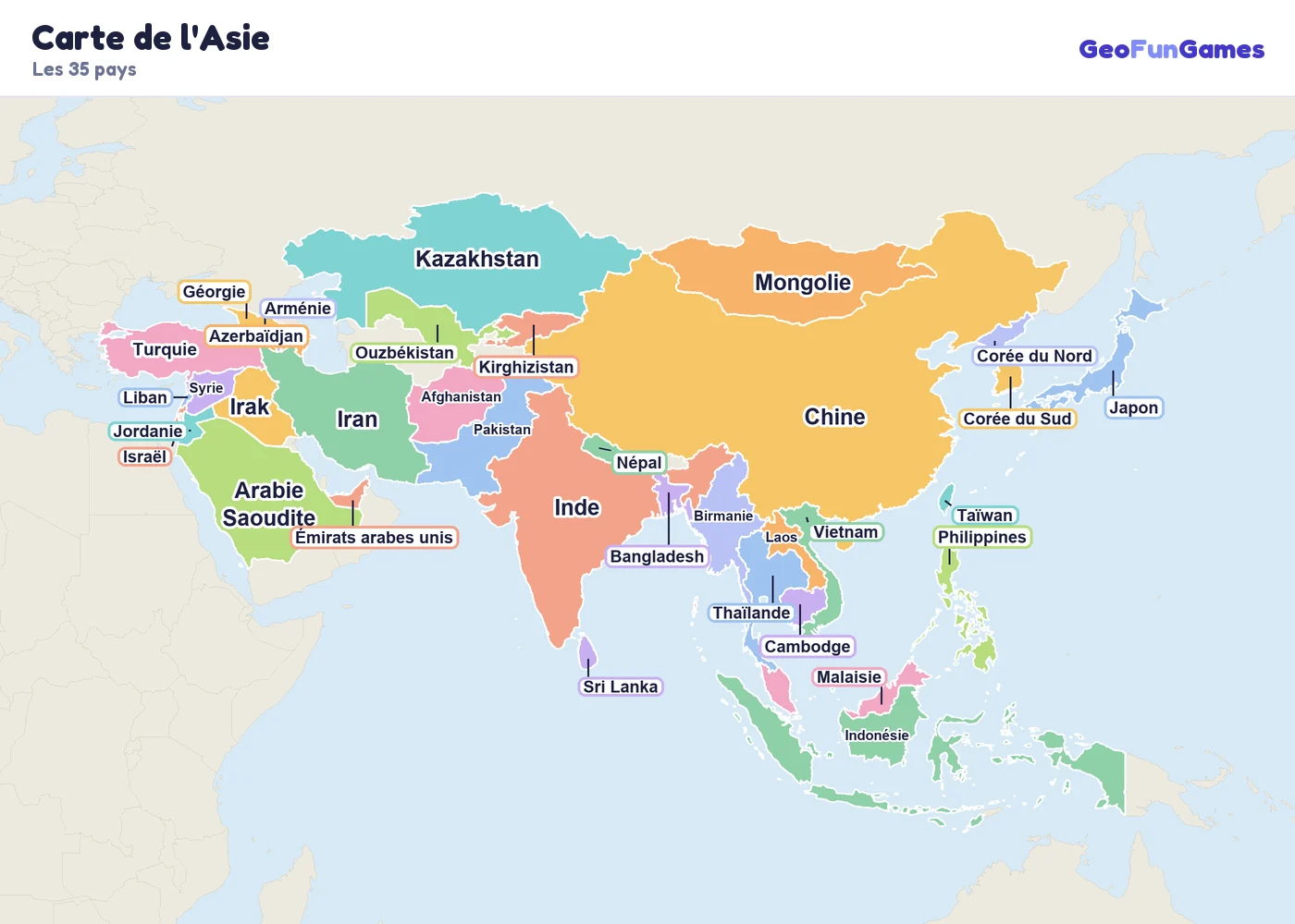 Carte de l'Asie avec le nom des pays: Chine, Inde, Japon, Corée du Sud, Corée du Nord, Mongolie, Indonésie, Pakistan, Bangladesh, Népal, Sri Lanka, Afghanistan, Kazakhstan, Ouzbékistan, Arabie Saoudite, Iran, Irak, Turquie, Syrie, Jordanie, Israël, Liban, Thaïlande, Vietnam, Philippines, Malaisie, Birmanie, Cambodge, Laos, Taïwan, Géorgie, Arménie, Azerbaïdjan, Émirats arabes unis, Kirghizistan