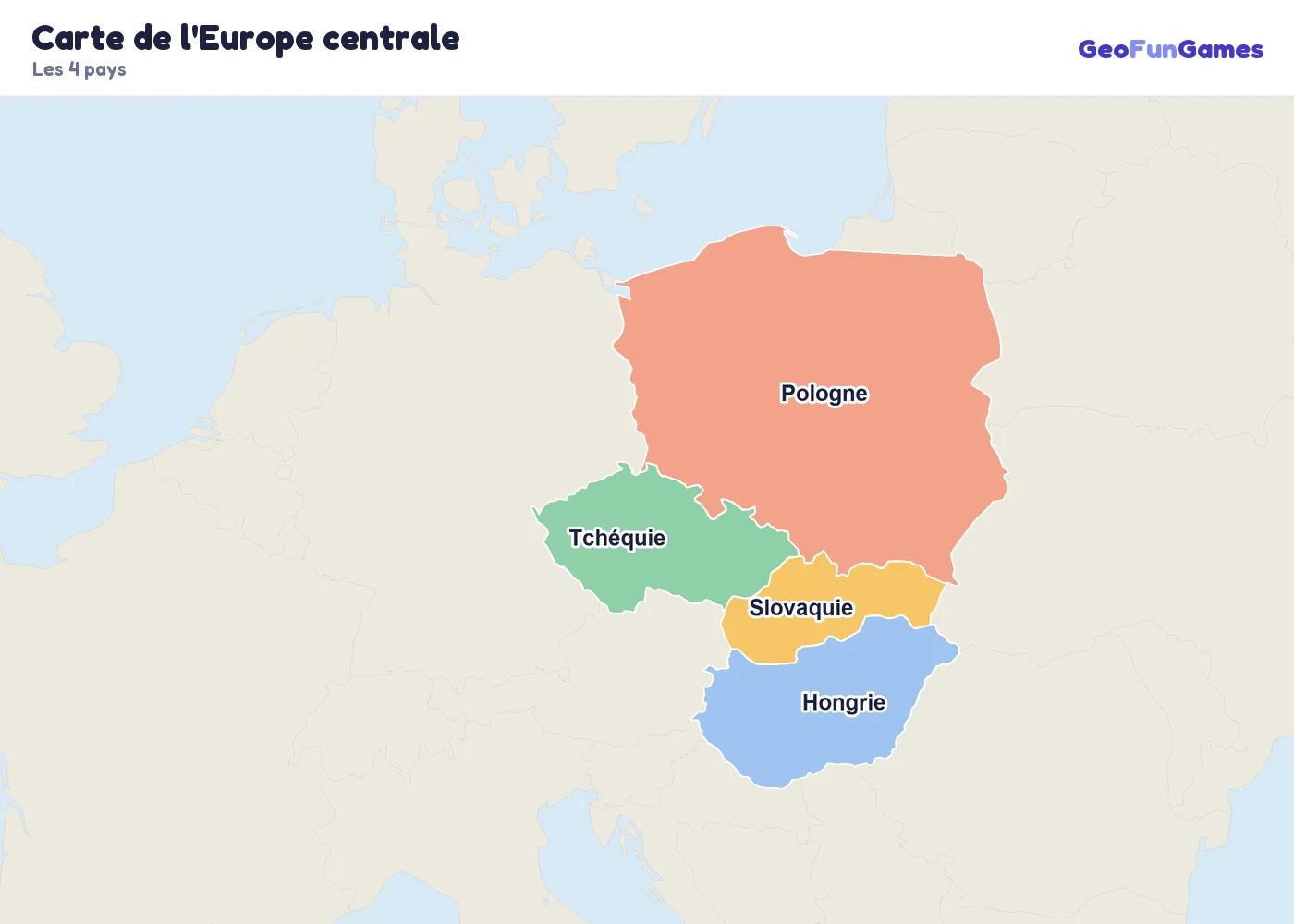 Carte de l'Europe centrale avec le nom des pays: Tchéquie, Hongrie, Pologne, Slovaquie
