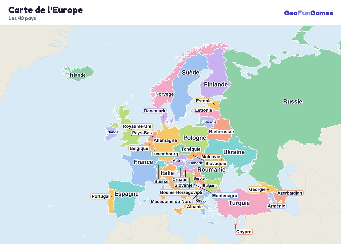 Carte de l'Europe avec le nom des pays: Albanie, Autriche, Arménie, Azerbaïdjan, Biélorussie, Belgique, Bosnie-Herzégovine, Bulgarie, Croatie, Chypre, Tchéquie, Danemark, Estonie, Finlande, France, Géorgie, Allemagne, Grèce, Hongrie, Islande, Irlande, Italie, Lettonie, Lituanie, Luxembourg, Moldavie, Monténégro, Pays-Bas, Macédoine du Nord, Norvège, Pologne, Portugal, Roumanie, Russie, Serbie, Slovaquie, Slovénie, Espagne, Suède, Suisse, Turquie, Ukraine, Royaume-Uni