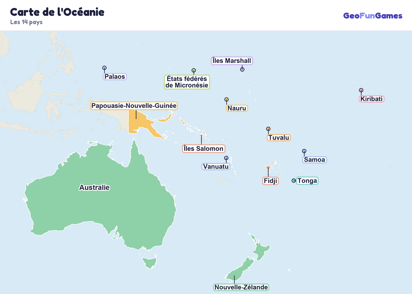 Carte de l'Océanie avec le nom des pays: Australie, Fidji, Kiribati, Îles Marshall, États fédérés de Micronésie, Nauru, Nouvelle-Zélande, Palaos, Papouasie-Nouvelle-Guinée, Samoa, Îles Salomon, Tonga, Tuvalu, Vanuatu