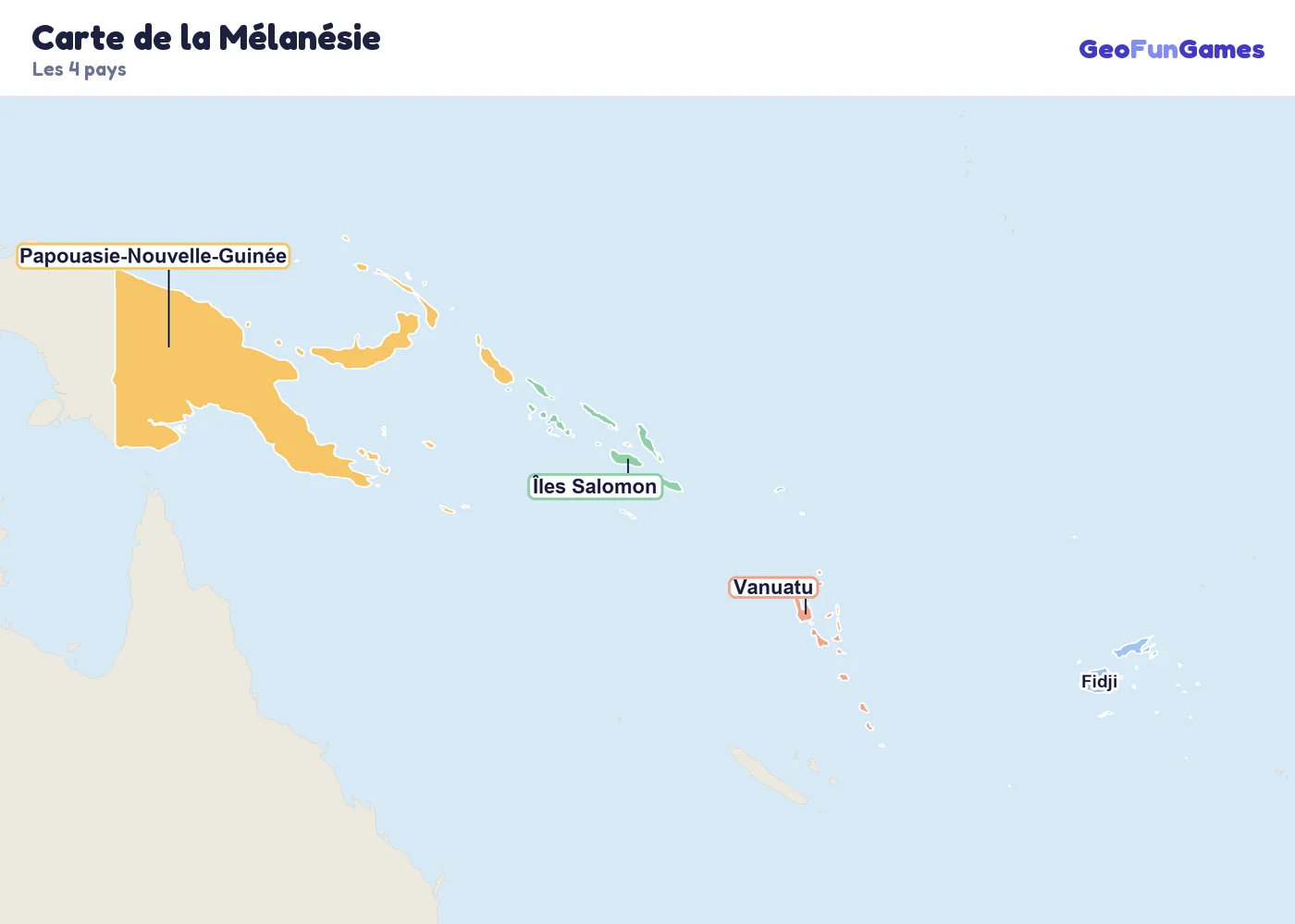 Carte de la Mélanésie avec le nom des pays: Fidji, Papouasie-Nouvelle-Guinée, Îles Salomon, Vanuatu