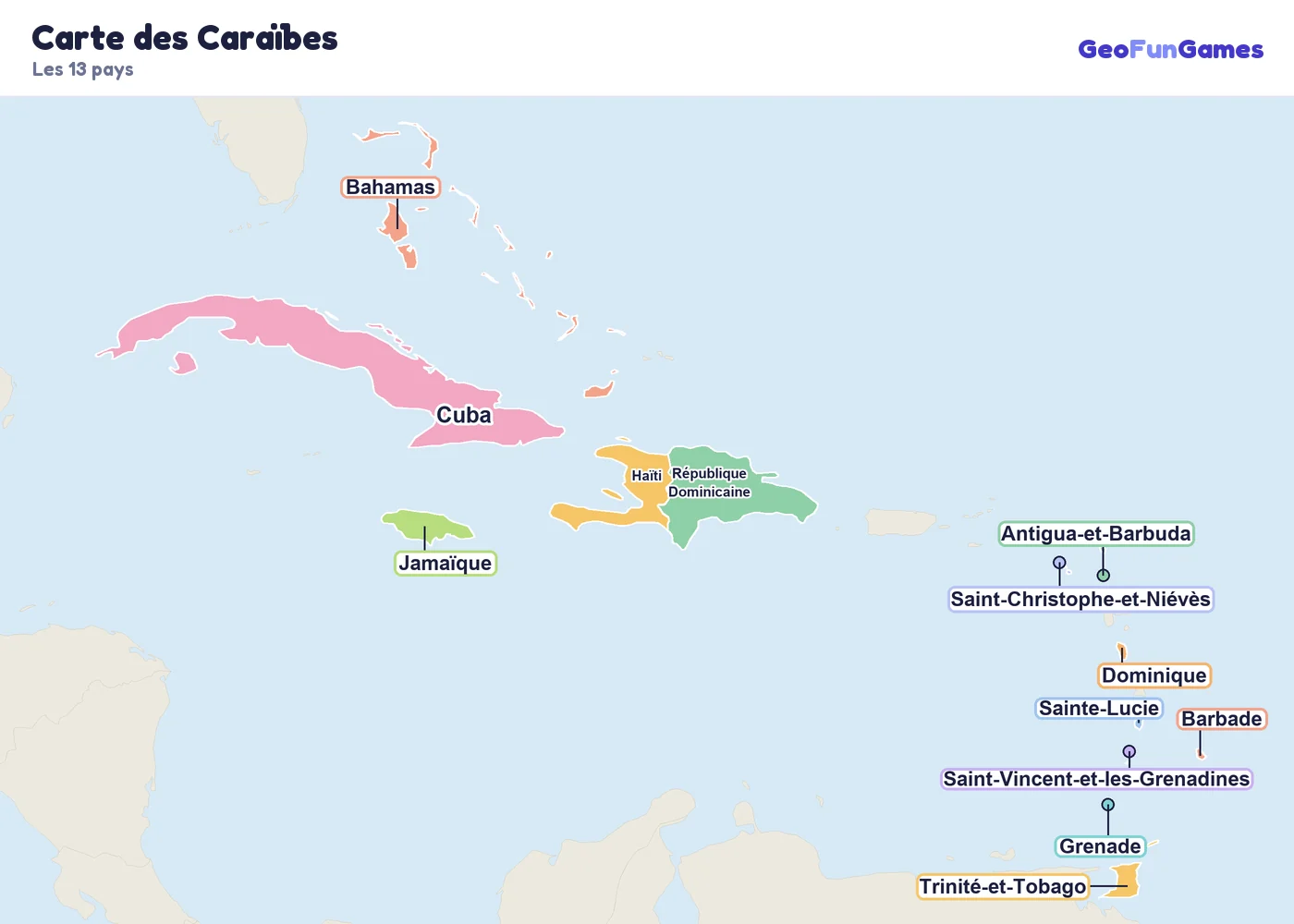 Carte des Caraïbes avec le nom des pays: Cuba, Jamaïque, Haïti, République Dominicaine, Bahamas, Trinité-et-Tobago, Barbade, Sainte-Lucie, Grenade, Saint-Vincent-et-les-Grenadines, Dominique, Antigua-et-Barbuda, Saint-Christophe-et-Niévès