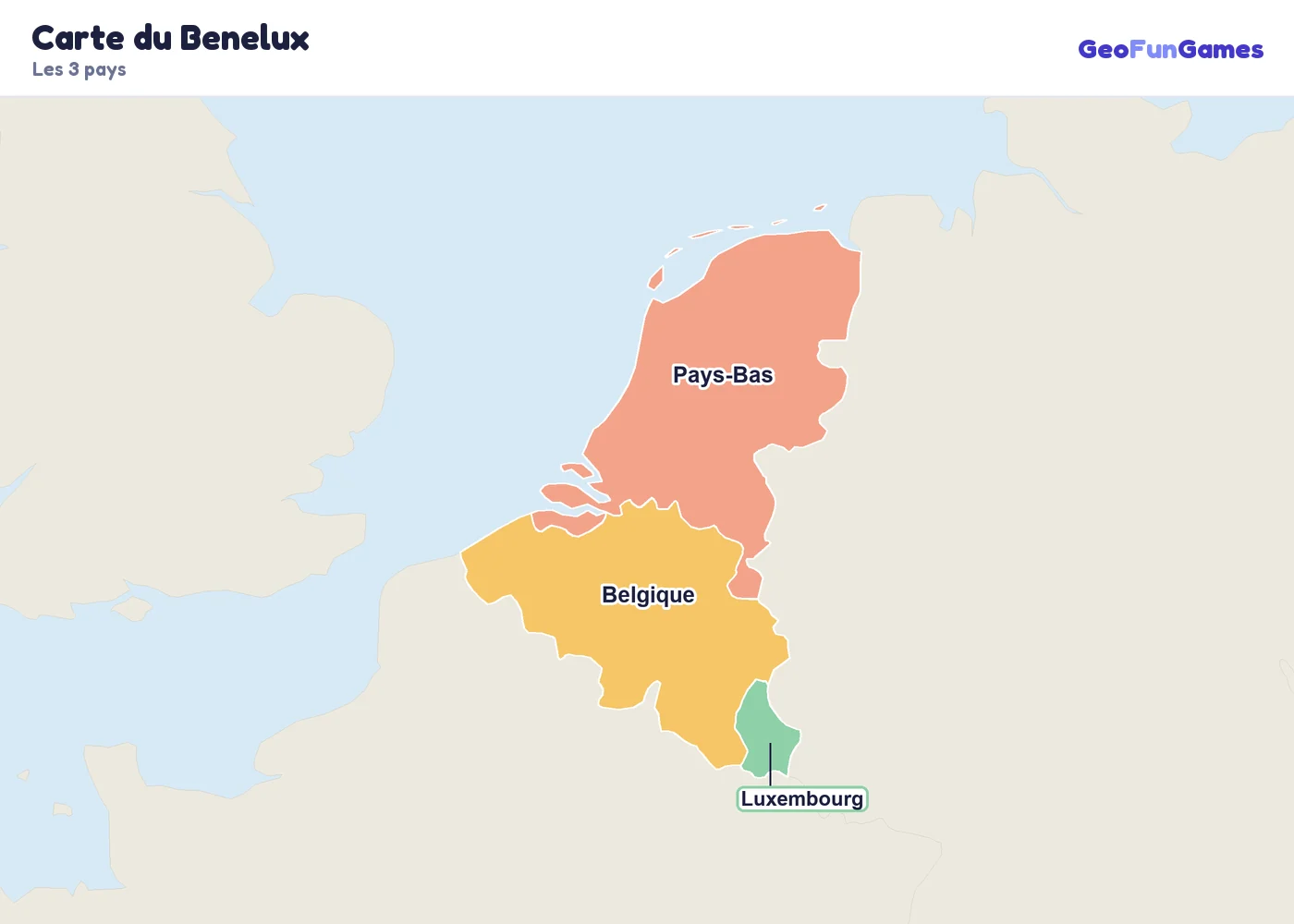 Carte du Benelux avec le nom des pays: Belgique, Pays-Bas, Luxembourg