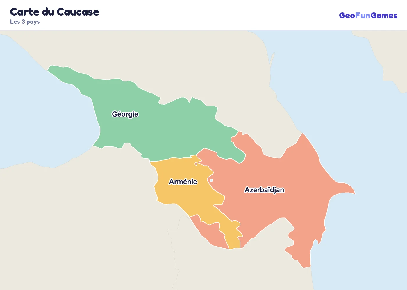 Carte du Caucase avec le nom des pays: Arménie, Azerbaïdjan, Géorgie