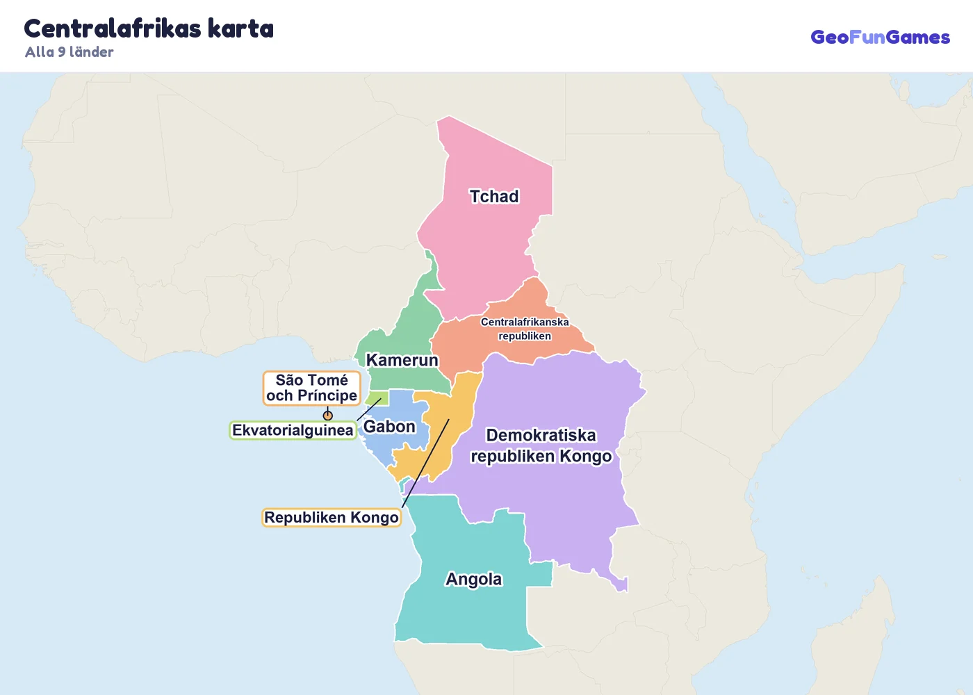 Centralafrikas karta med ländernas namn: Kamerun, Centralafrikanska republiken, Tchad, Demokratiska republiken Kongo, Republiken Kongo, Ekvatorialguinea, Gabon, São Tomé och Príncipe, Angola