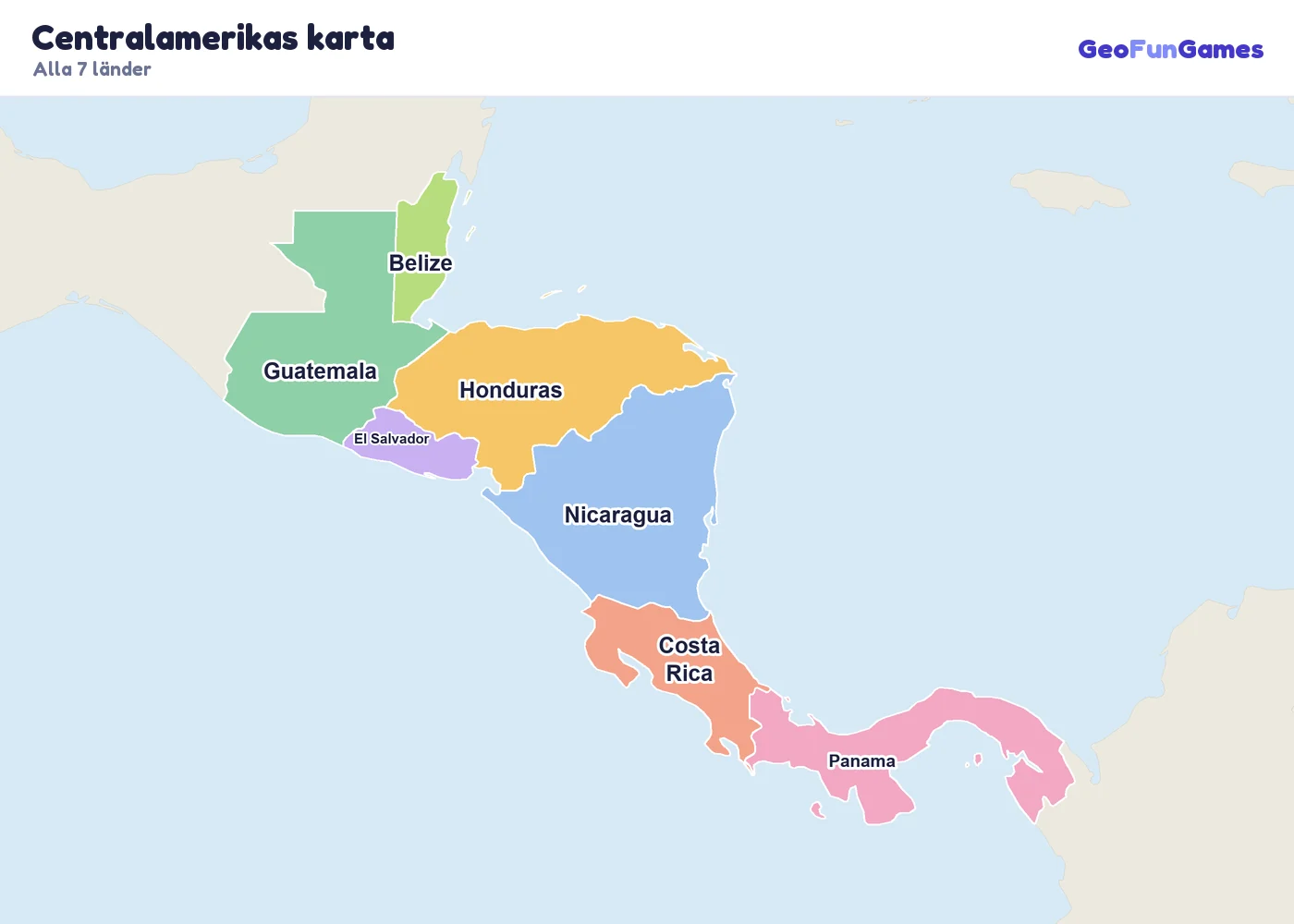 Centralamerikas karta med ländernas namn: Belize, Guatemala, El Salvador, Honduras, Nicaragua, Costa Rica, Panama