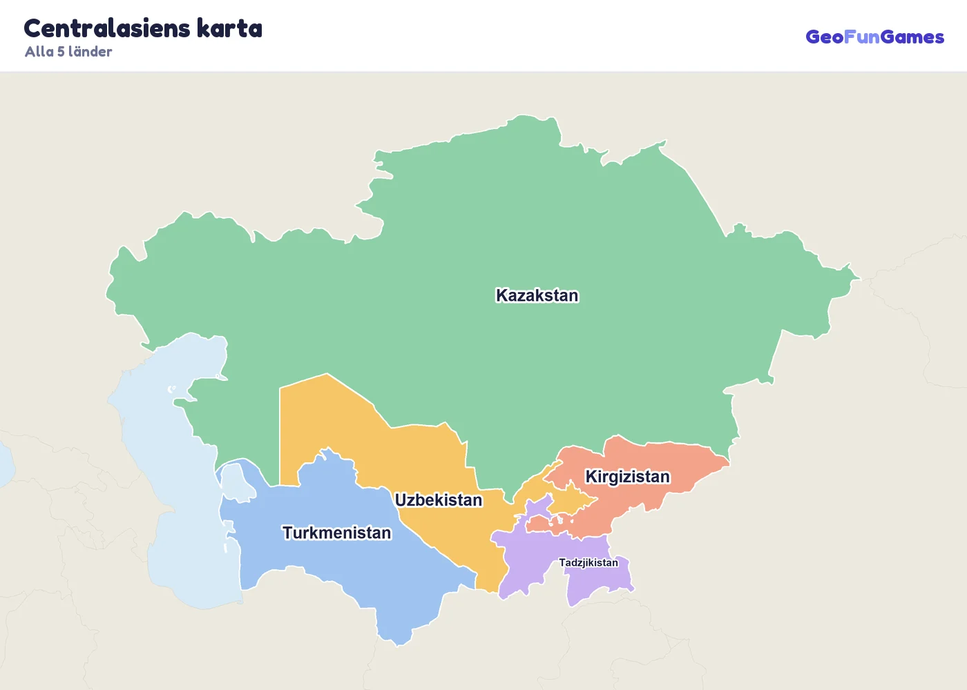 Centralasiens karta med ländernas namn: Kazakstan, Kirgizistan, Tadzjikistan, Turkmenistan, Uzbekistan