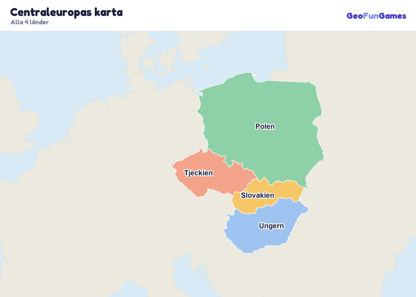 Centraleuropas karta med ländernas namn: Tjeckien, Ungern, Polen, Slovakien