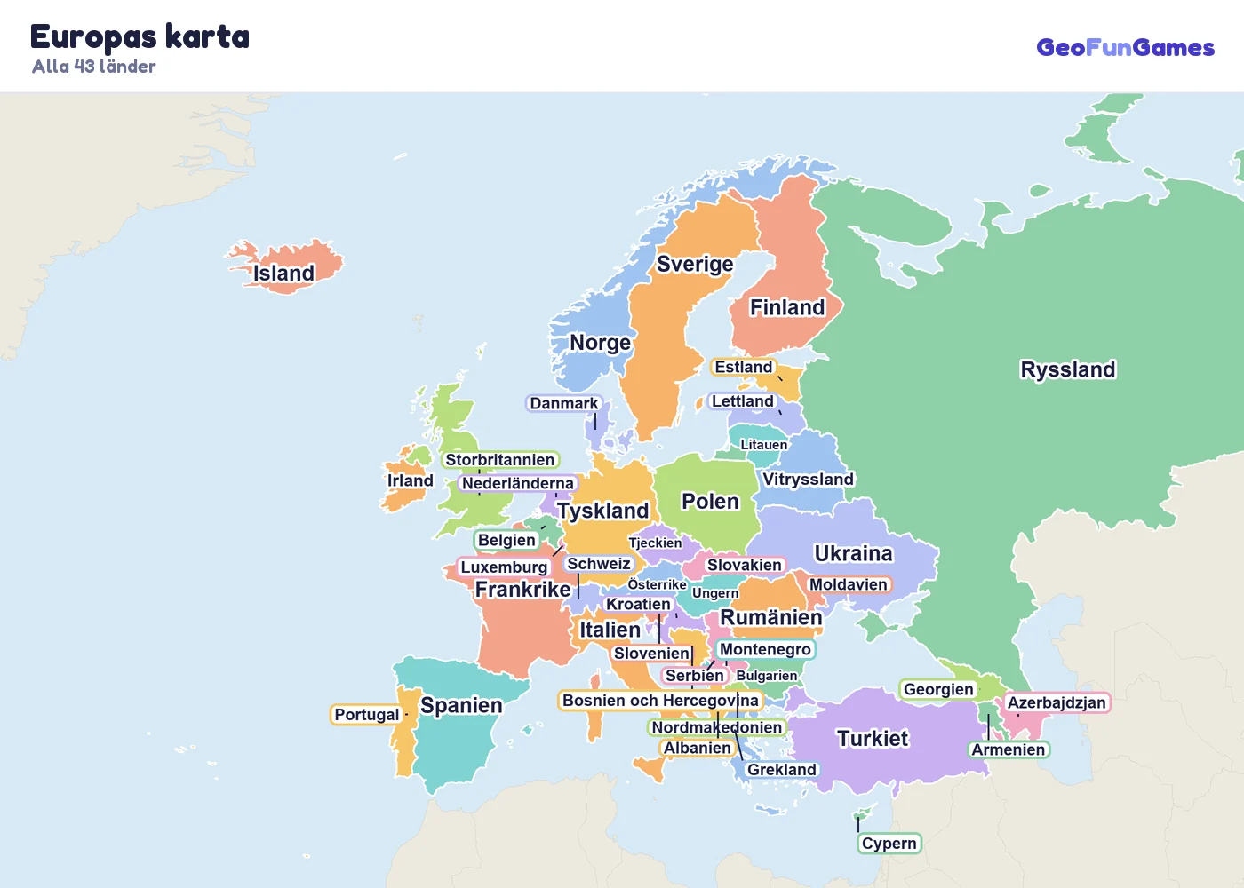 Europas karta med ländernas namn: Albanien, Österrike, Armenien, Azerbajdzjan, Vitryssland, Belgien, Bosnien och Hercegovina, Bulgarien, Kroatien, Cypern, Tjeckien, Danmark, Estland, Finland, Frankrike, Georgien, Tyskland, Grekland, Ungern, Island, Irland, Italien, Lettland, Litauen, Luxemburg, Moldavien, Montenegro, Nederländerna, Nordmakedonien, Norge, Polen, Portugal, Rumänien, Ryssland, Serbien, Slovakien, Slovenien, Spanien, Sverige, Schweiz, Turkiet, Ukraina, Storbritannien