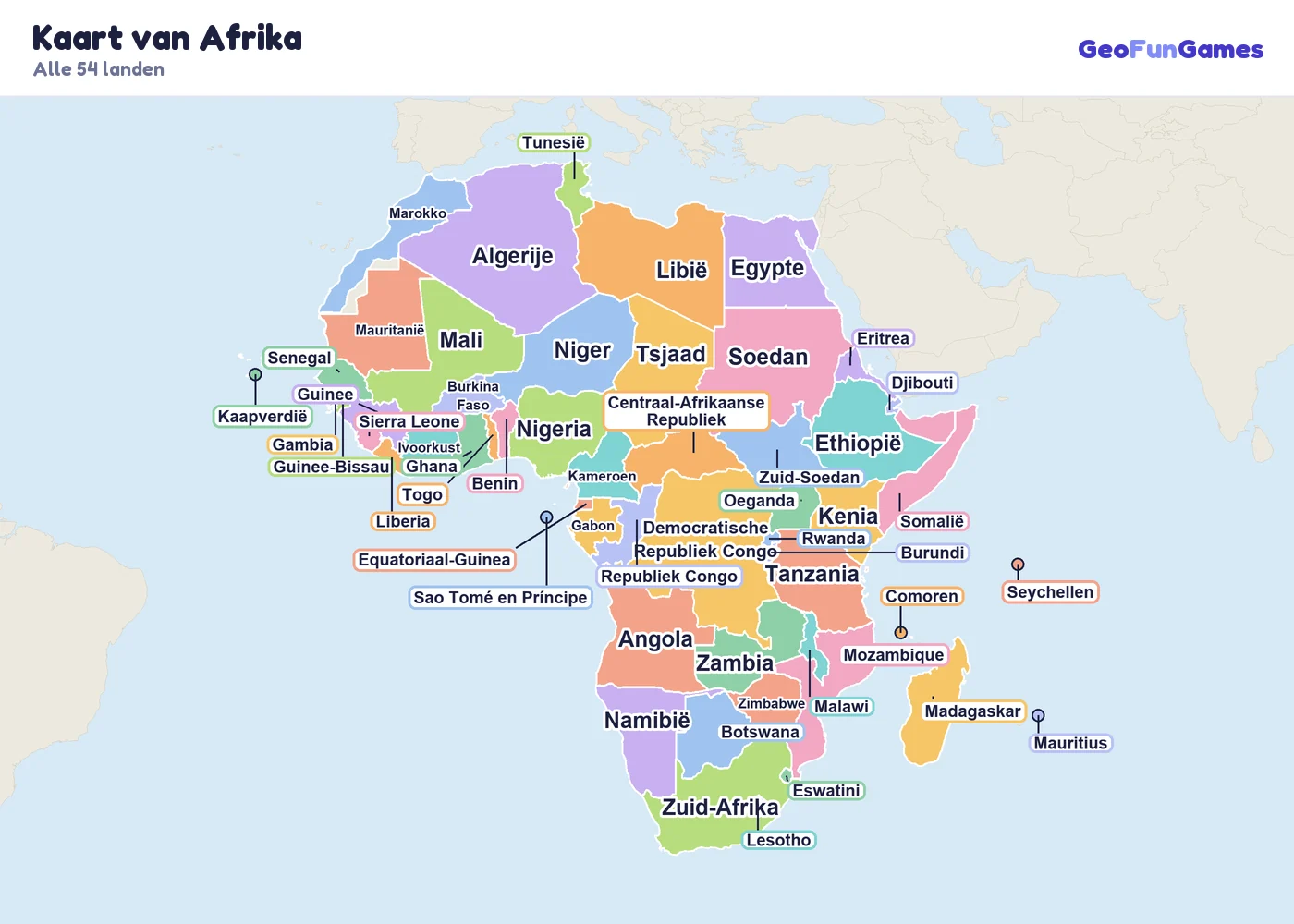 Kaart van Afrika met de namen van de landen: Algerije, Egypte, Libië, Marokko, Tunesië, Mauritanië, Nigeria, Ghana, Senegal, Mali, Ivoorkust, Niger, Kameroen, Democratische Republiek Congo, Republiek Congo, Angola, Tsjaad, Gabon, Ethiopië, Kenia, Tanzania, Soedan, Zuid-Soedan, Somalië, Madagaskar, Mozambique, Zambia, Zuid-Afrika, Namibië, Botswana, Zimbabwe, Eswatini, Lesotho, Eritrea, Oeganda, Rwanda, Malawi, Benin, Burkina Faso, Burundi, Centraal-Afrikaanse Republiek, Djibouti, Equatoriaal-Guinea, Gambia, Guinee, Guinee-Bissau, Kaapverdië, Comoren, Liberia, Mauritius, Seychellen, Sierra Leone, Sao Tomé en Príncipe, Togo