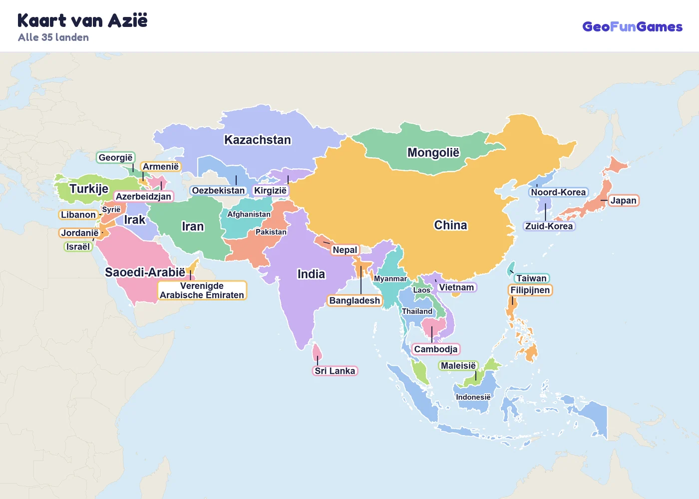 Kaart van Azië met de namen van de landen: China, India, Japan, Zuid-Korea, Noord-Korea, Mongolië, Indonesië, Pakistan, Bangladesh, Nepal, Sri Lanka, Afghanistan, Kazachstan, Oezbekistan, Saoedi-Arabië, Iran, Irak, Turkije, Syrië, Jordanië, Israël, Libanon, Thailand, Vietnam, Filipijnen, Maleisië, Myanmar, Cambodja, Laos, Taiwan, Georgië, Armenië, Azerbeidzjan, Verenigde Arabische Emiraten, Kirgizië