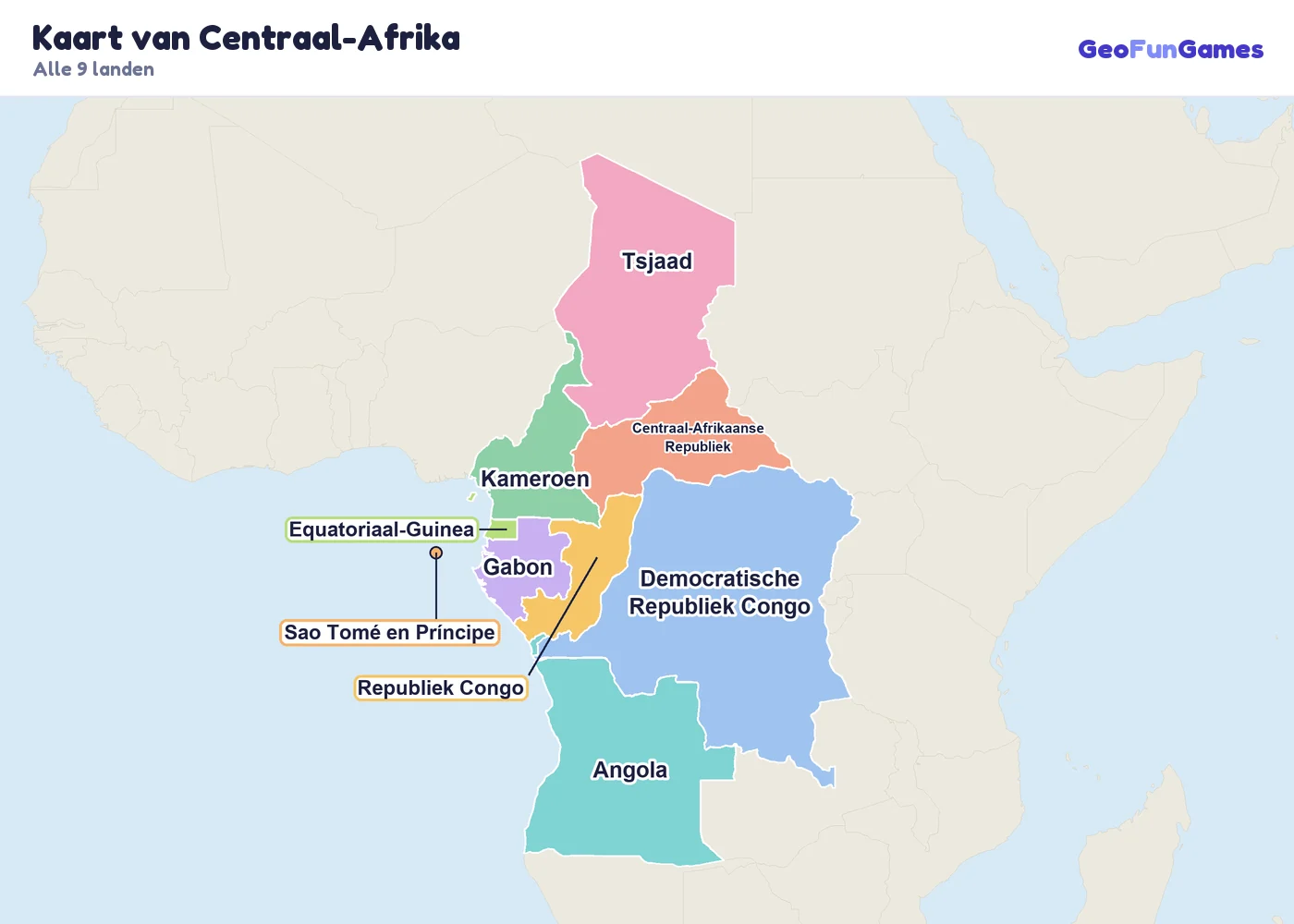 Kaart van Centraal-Afrika met de namen van de landen: Kameroen, Centraal-Afrikaanse Republiek, Tsjaad, Democratische Republiek Congo, Republiek Congo, Equatoriaal-Guinea, Gabon, Sao Tomé en Príncipe, Angola