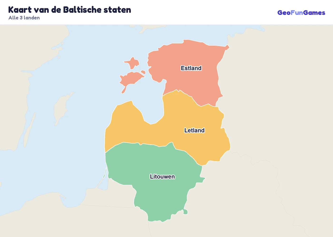 Kaart van de Baltische staten met de namen van de landen: Estland, Letland, Litouwen