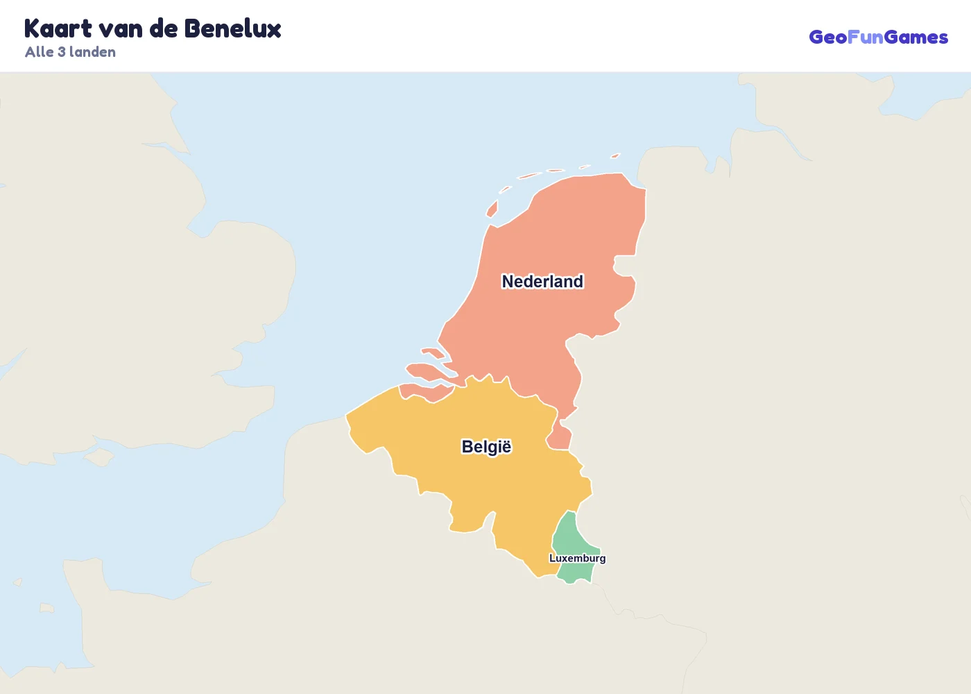 Kaart van de Benelux met de namen van de landen: België, Nederland, Luxemburg