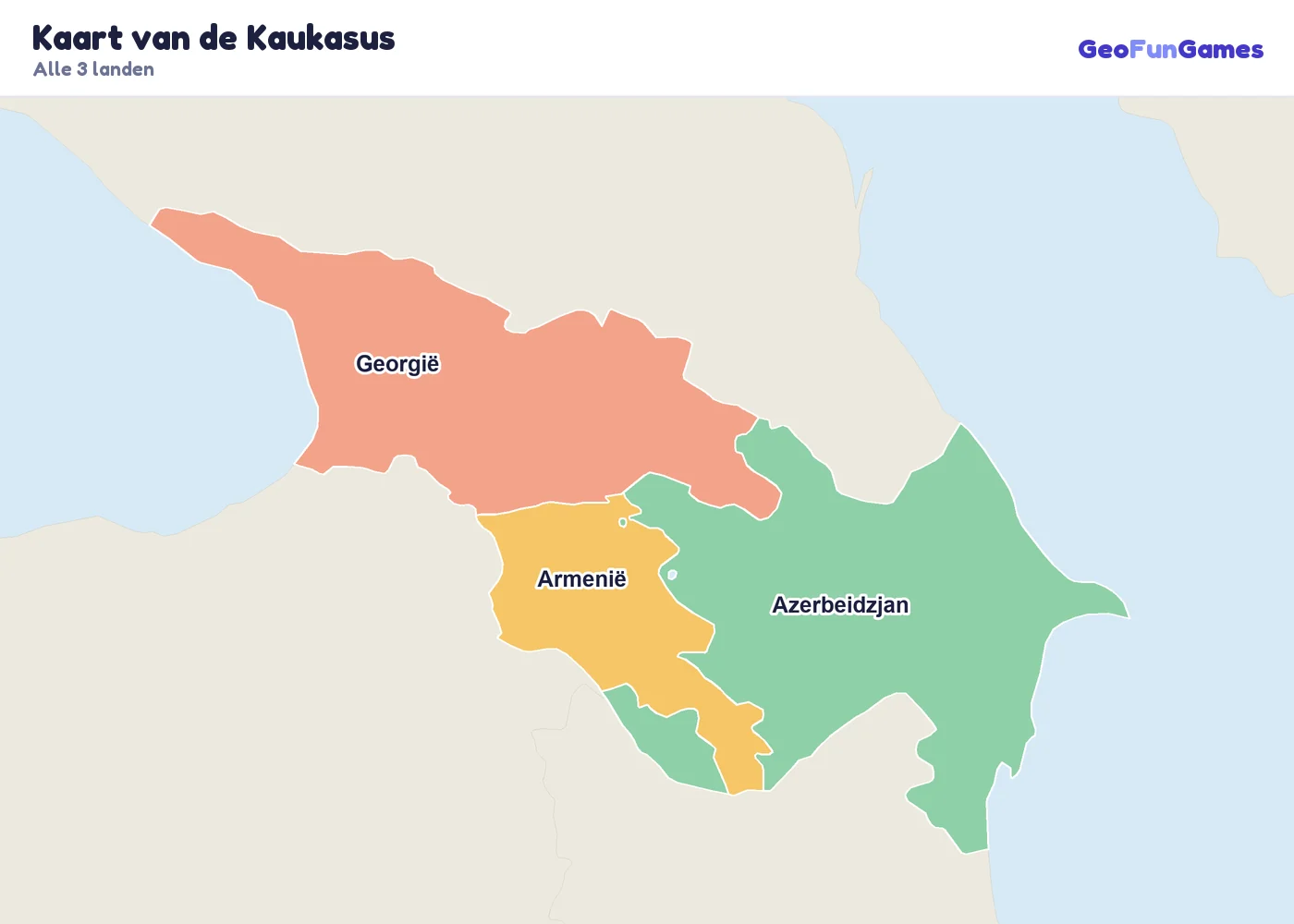 Kaart van de Kaukasus met de namen van de landen: Armenië, Azerbeidzjan, Georgië