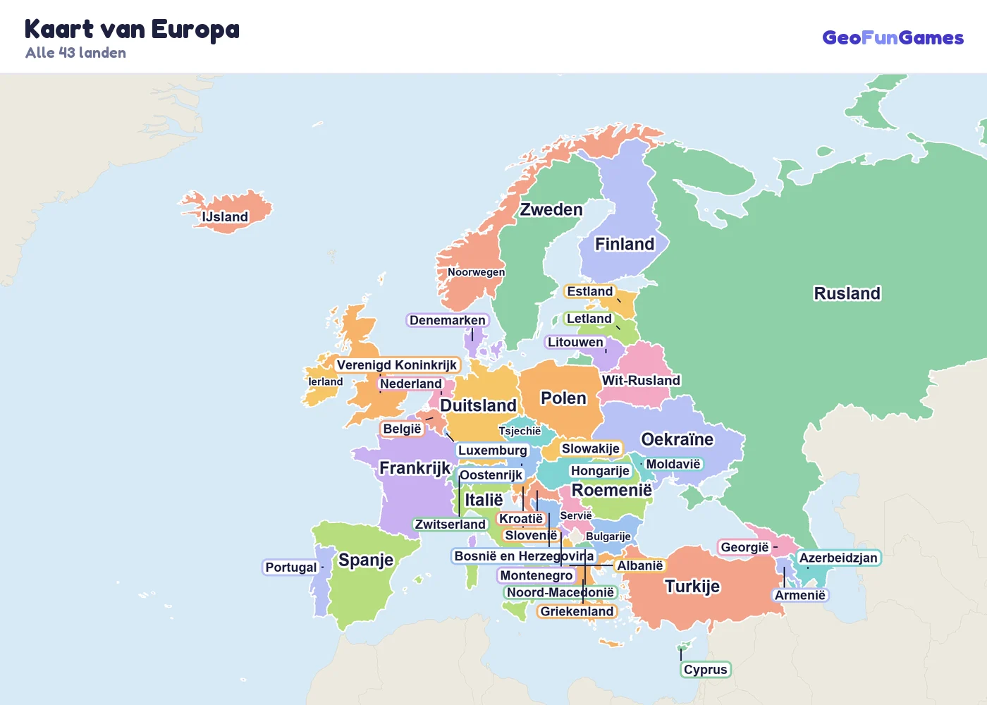Kaart van Europa met de namen van de landen: Albanië, Oostenrijk, Armenië, Azerbeidzjan, Wit-Rusland, België, Bosnië en Herzegovina, Bulgarije, Kroatië, Cyprus, Tsjechië, Denemarken, Estland, Finland, Frankrijk, Georgië, Duitsland, Griekenland, Hongarije, IJsland, Ierland, Italië, Letland, Litouwen, Luxemburg, Moldavië, Montenegro, Nederland, Noord-Macedonië, Noorwegen, Polen, Portugal, Roemenië, Rusland, Servië, Slowakije, Slovenië, Spanje, Zweden, Zwitserland, Turkije, Oekraïne, Verenigd Koninkrijk