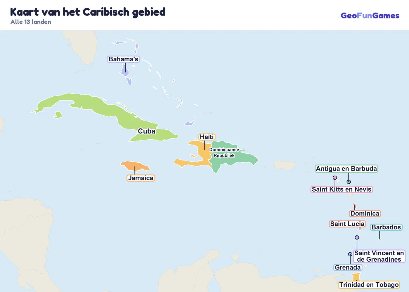 Kaart van het Caribisch gebied met de namen van de landen: Cuba, Jamaica, Haïti, Dominicaanse Republiek, Bahama's, Trinidad en Tobago, Barbados, Saint Lucia, Grenada, Saint Vincent en de Grenadines, Dominica, Antigua en Barbuda, Saint Kitts en Nevis