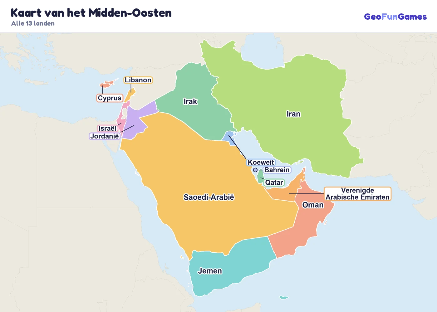 Kaart van het Midden-Oosten met de namen van de landen: Saoedi-Arabië, Iran, Irak, Jemen, Oman, Verenigde Arabische Emiraten, Koeweit, Qatar, Bahrein, Jordanië, Israël, Libanon, Cyprus