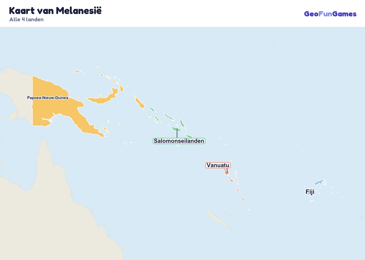 Kaart van Melanesië met de namen van de landen: Fiji, Papoea-Nieuw-Guinea, Salomonseilanden, Vanuatu