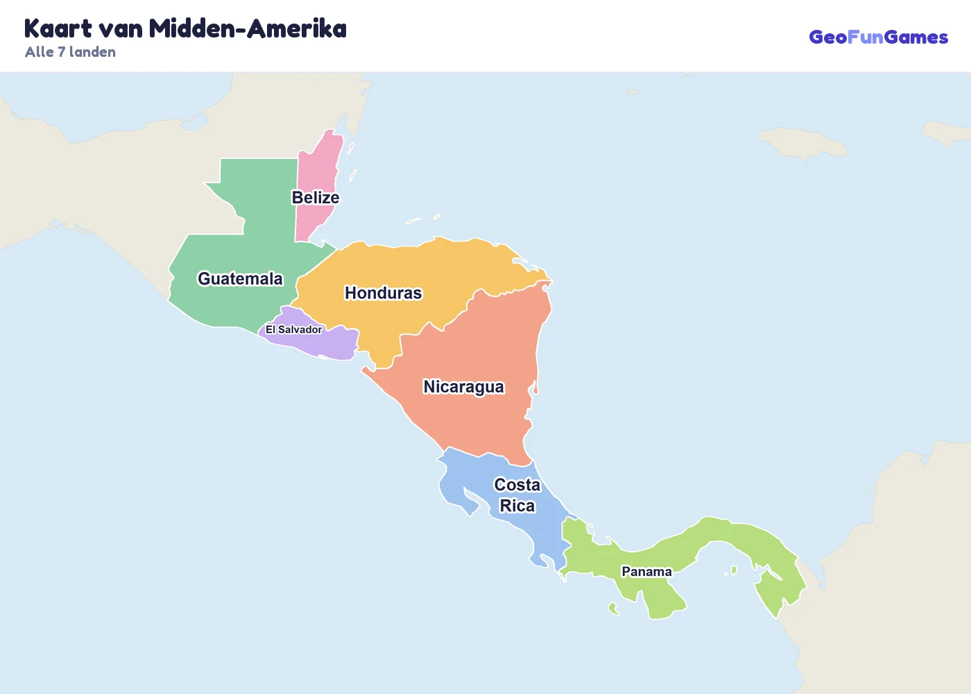 Kaart van Midden-Amerika met de namen van de landen: Belize, Guatemala, El Salvador, Honduras, Nicaragua, Costa Rica, Panama