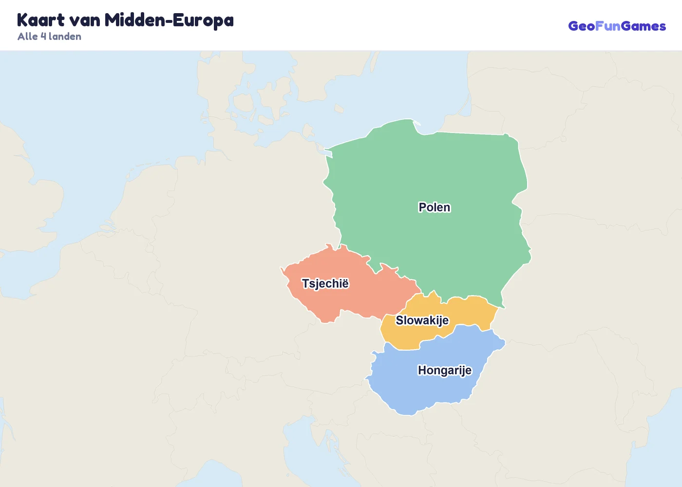 Kaart van Midden-Europa met de namen van de landen: Tsjechië, Hongarije, Polen, Slowakije