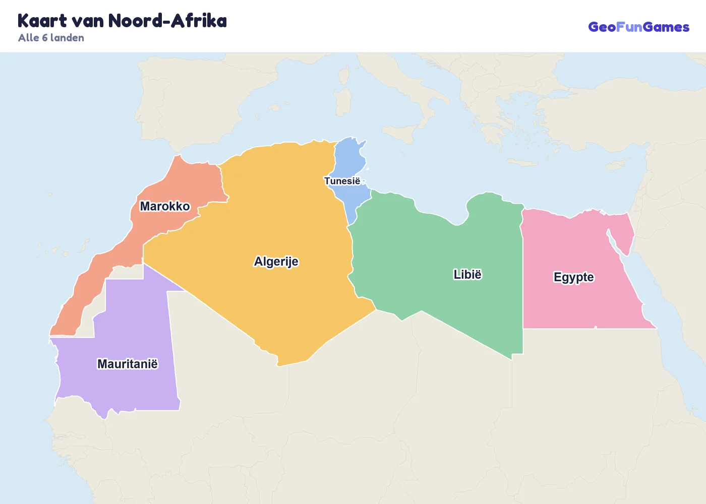 Kaart van Noord-Afrika met de namen van de landen: Algerije, Egypte, Libië, Marokko, Tunesië, Mauritanië